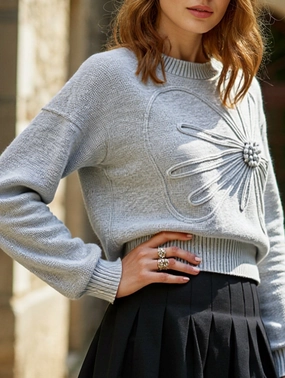 3D floral round neck pullover for women Hidden Pocket simple design