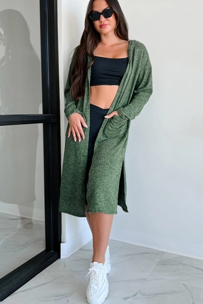 Zaiden Lightweight Hooded Cardigan (Olive) Houndstooth Print Compression Panels