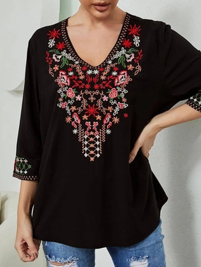 COTTON LOOSE DEEP V EMBROIDERED TOP_CWTBLL0818 AntiStaticLining CrossBackDesign