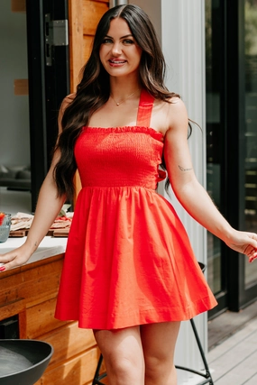 Texture Play Across The Room Smocked Mini Tie Dress (Tomato)