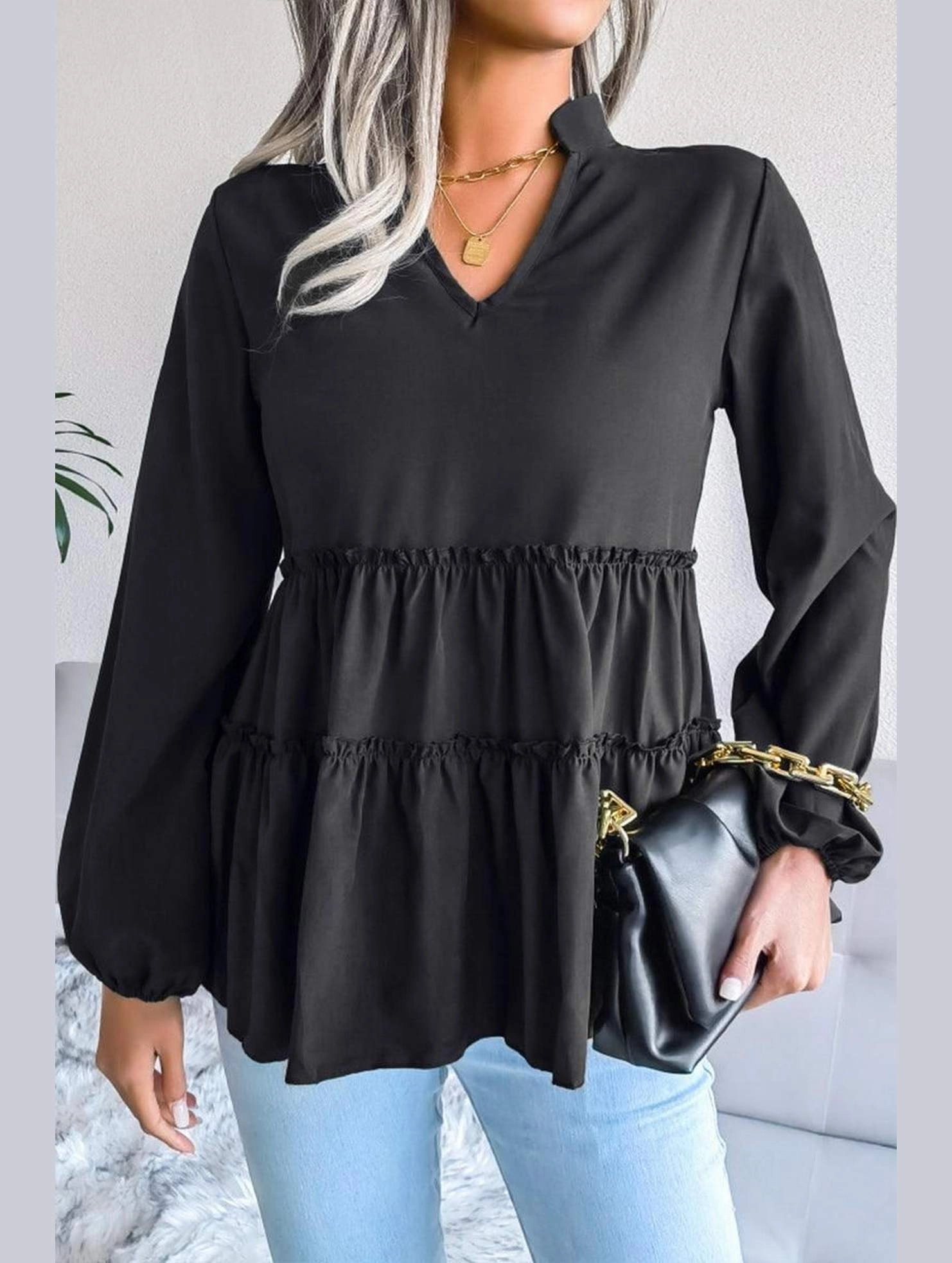 Raw Edge Detail Softened Edges LANTERN LONG SLEEVE RUFFLED CHIFFON TUNIC TOP