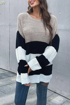 STRIPED ROUND NECK KNITTED SWEATER Tapered Side Panels