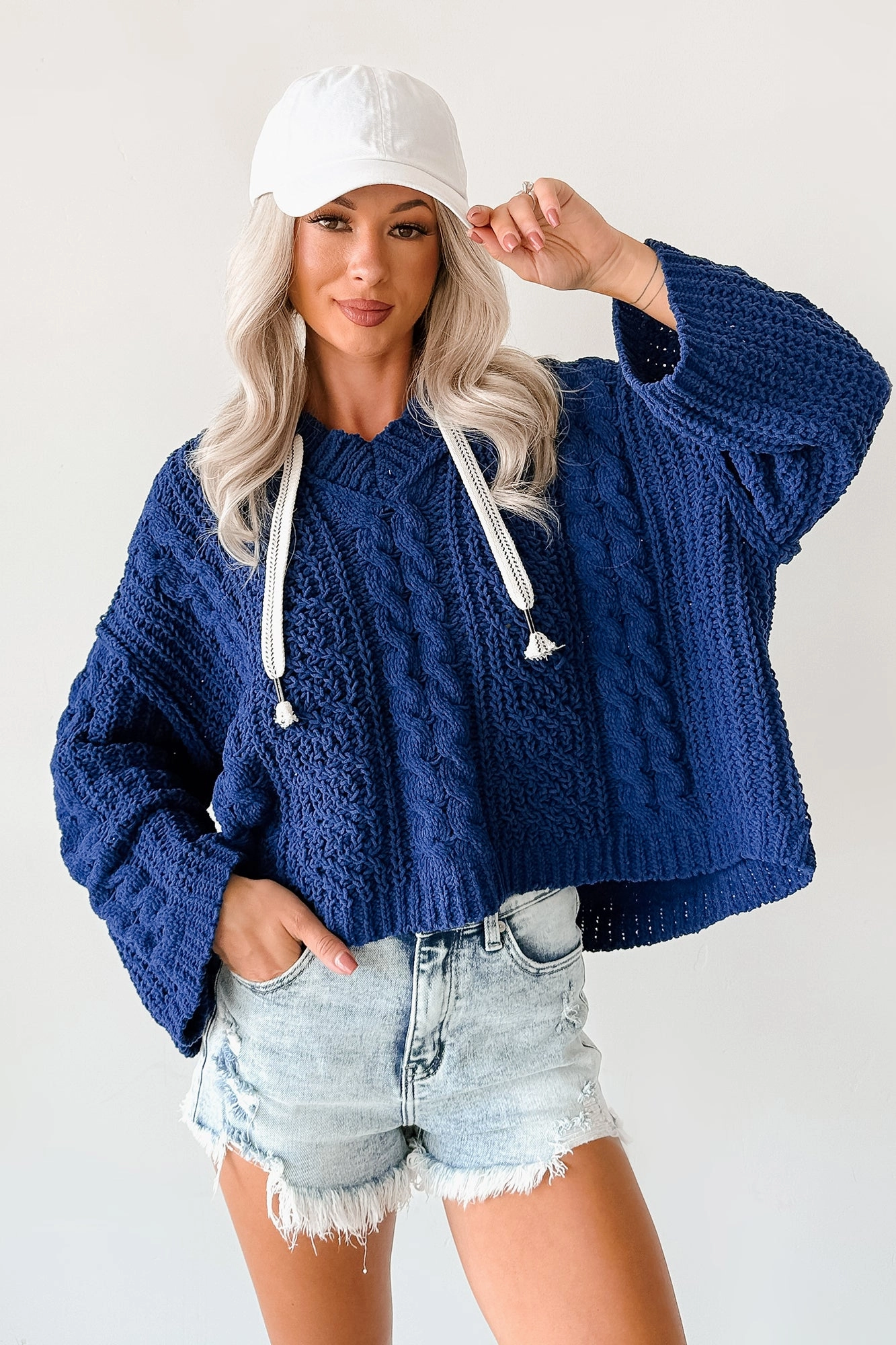 Total Ease Zenana Cable Knit Sweater Hoodie (Light Navy) Ventilated Panels