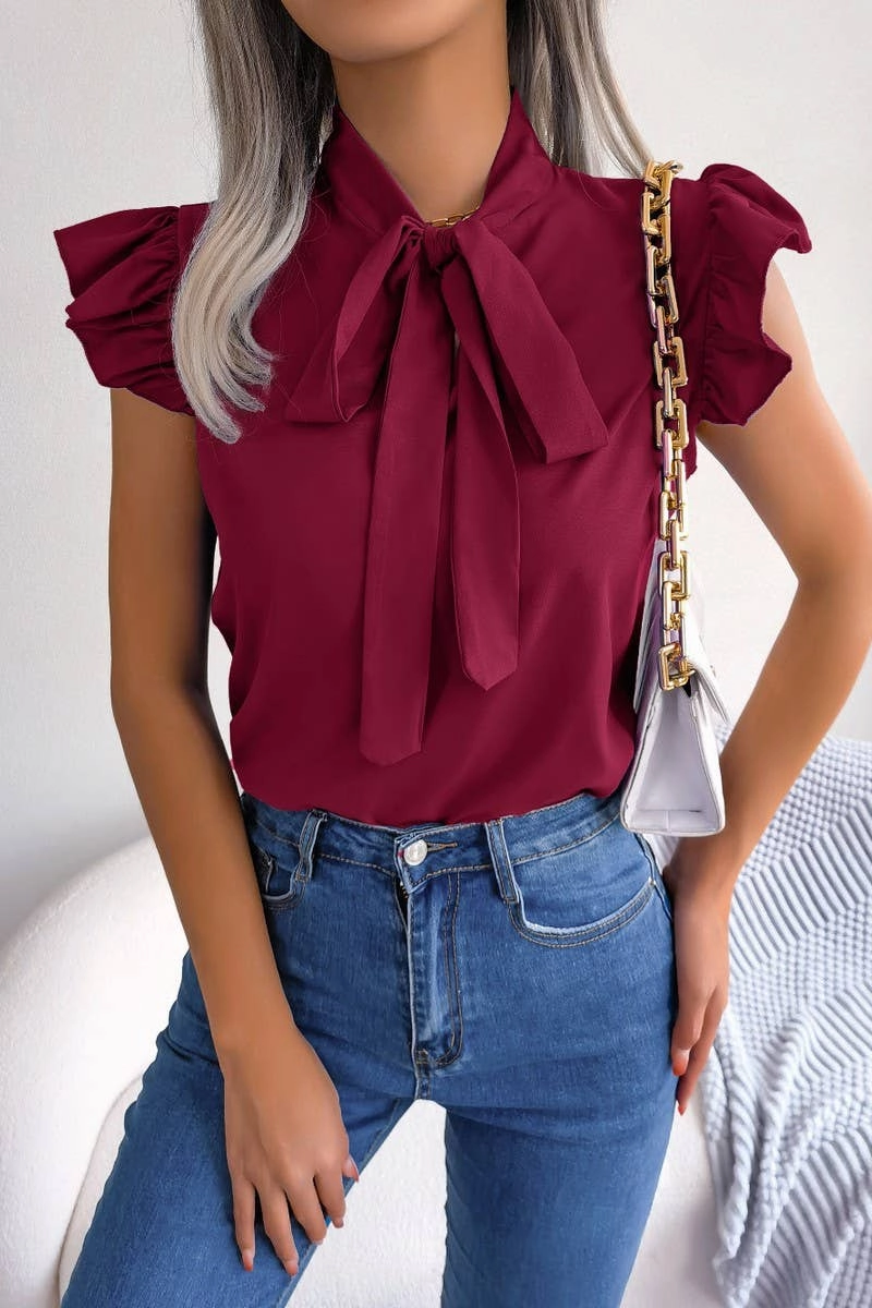 AGARIC EDGE TIE BOW CHIFFON BLOUSE_CWTSTSL0033 Convertible Design