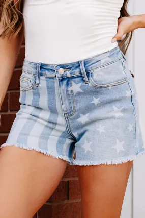 Unisex Holiday Gift Agnes Flag Print Judy Blue Denim Shorts (Medium Light)