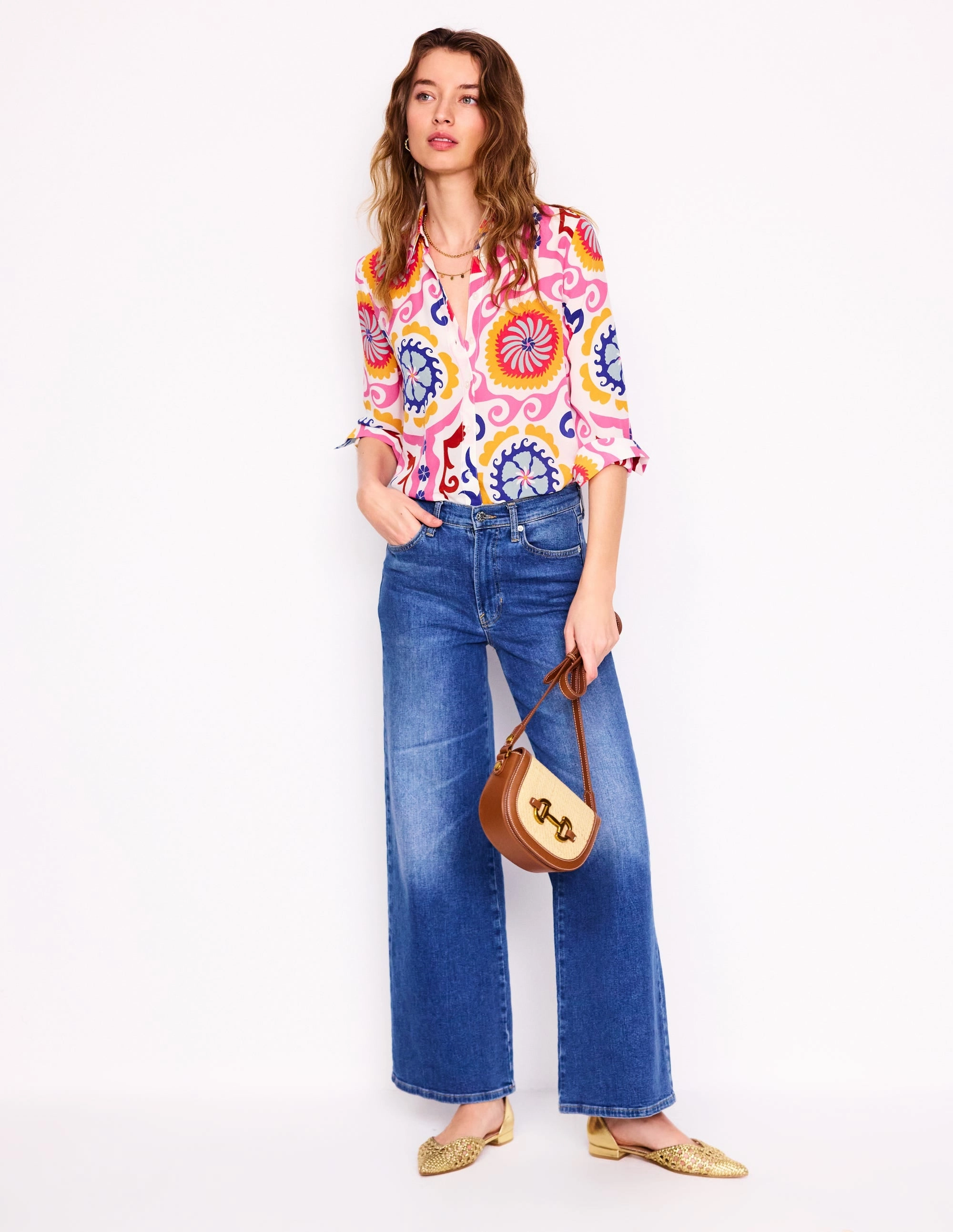 Sienna Silk Shirt-Multi, Ornamental Wave Contrast Stitch Detailing