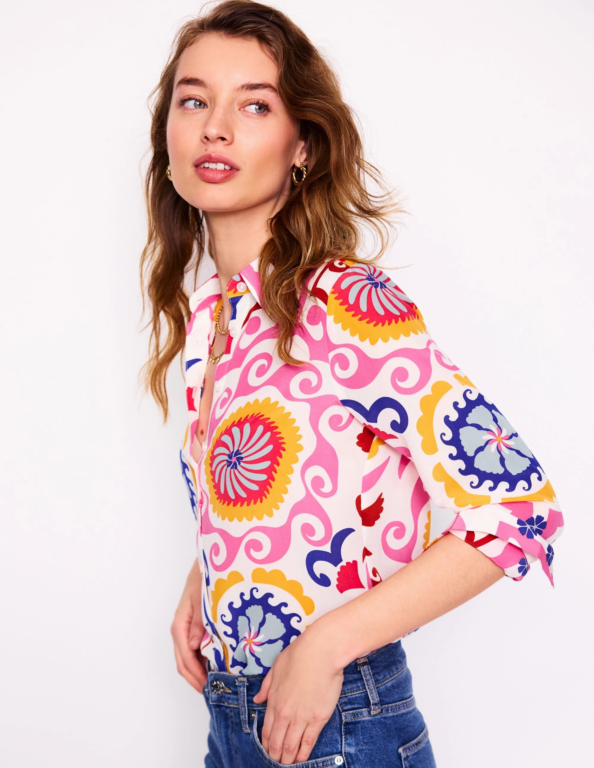 Wide Shoulder Cut Sienna Silk Shirt-Multi, Ornamental Wave