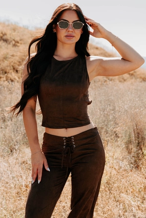 Add To Lore Open Back Lace-Up Suede Top (Brown) Loose Tee Active Tee