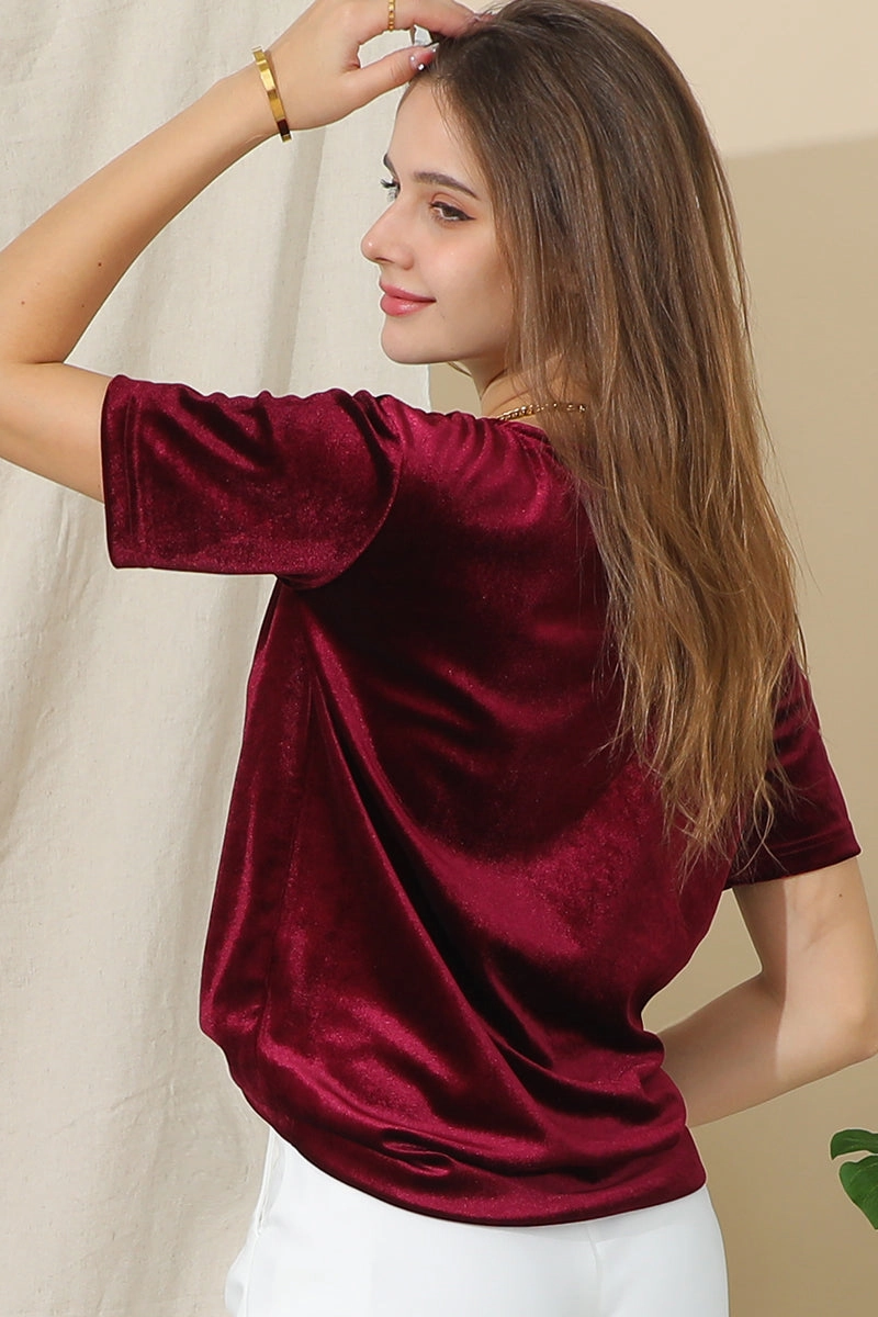 SHORT SLEEVE ROUND NECK VELVET CASUAL TUNIC TOP Eco Friendly Dye Soft Wool