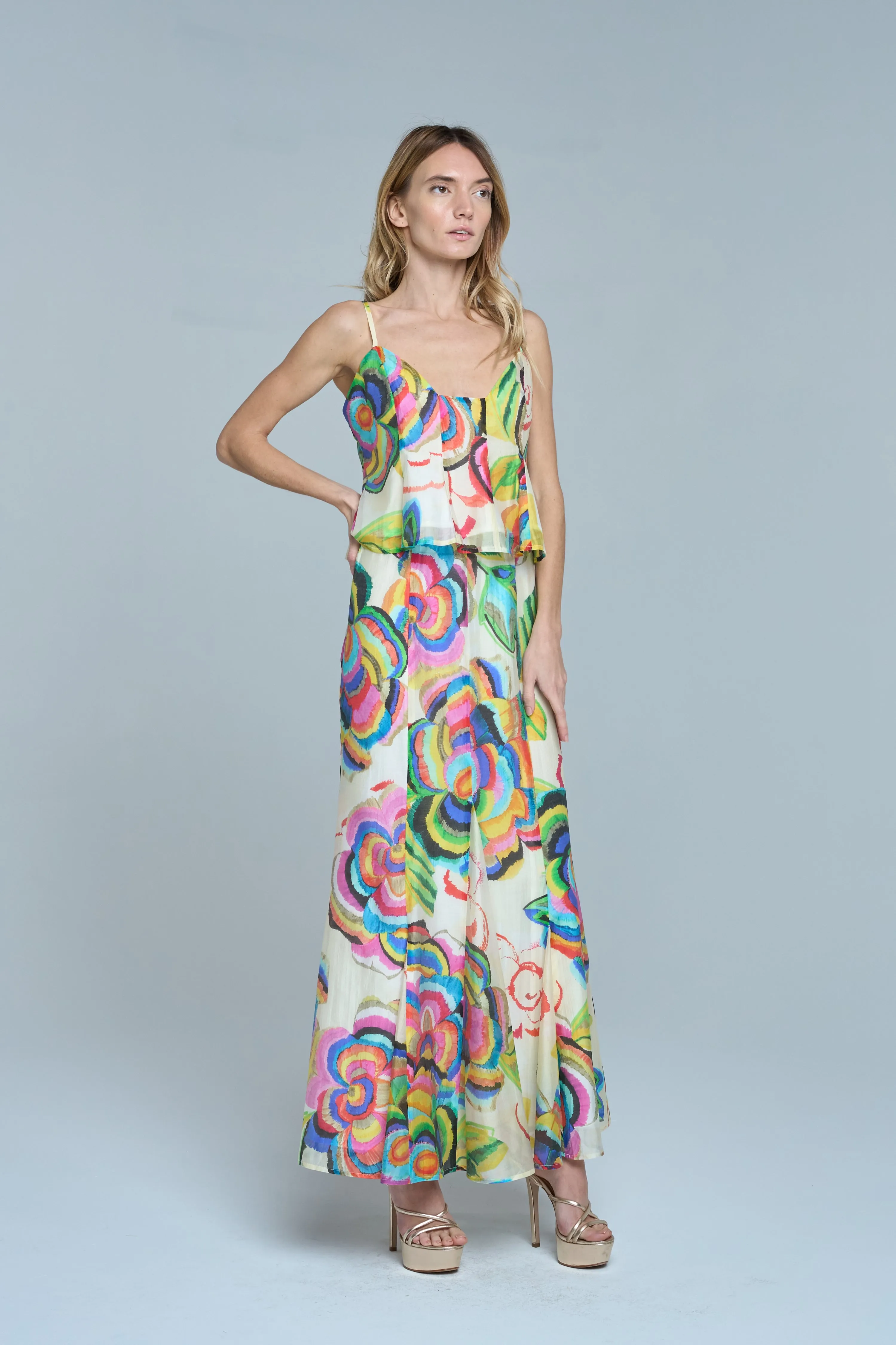 Abstract Floral Flare Skirt in Cream Multi Lightweight Lining