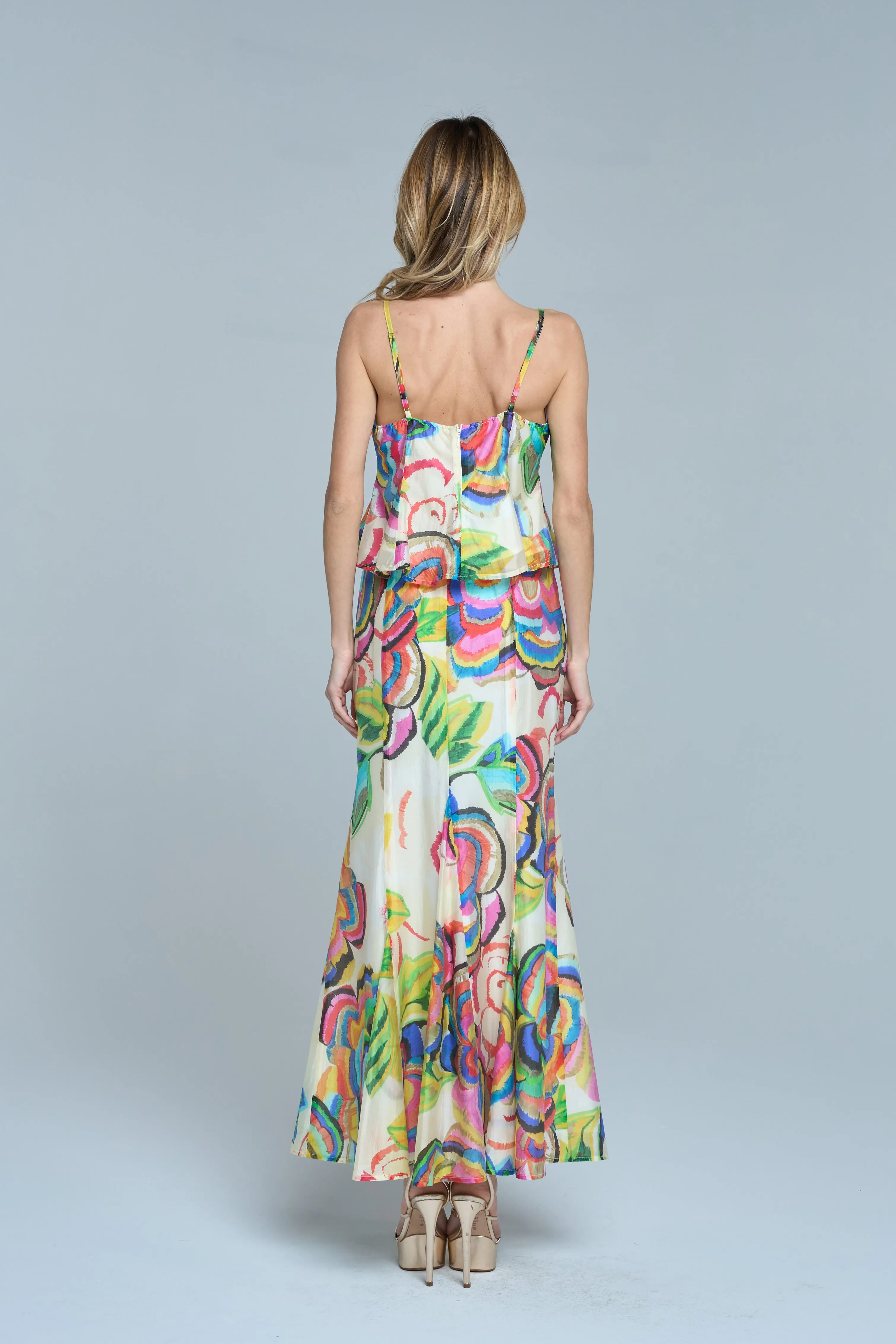 Abstract Floral Flare Skirt in Cream Multi Detachable Tie