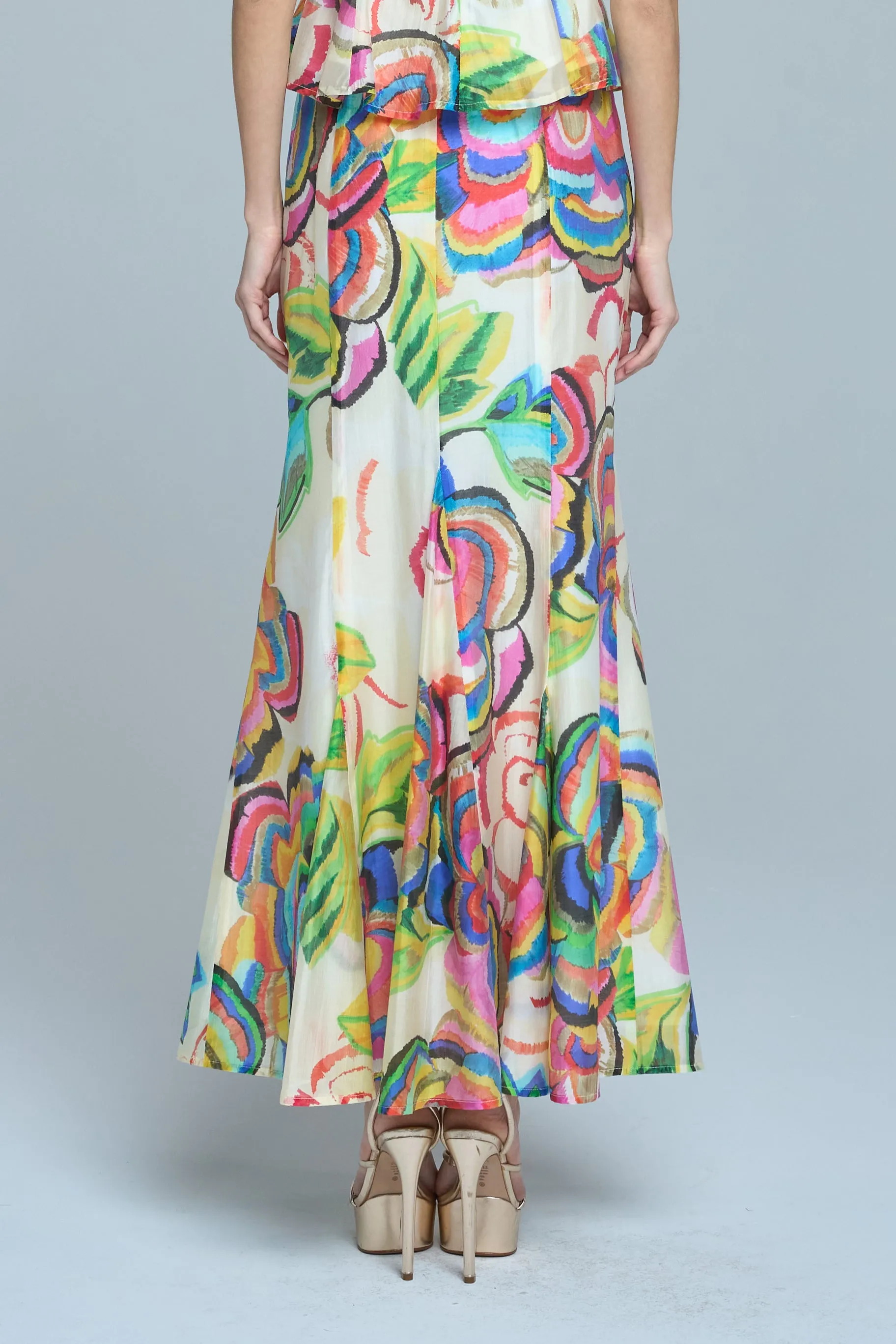 Geometric Print Abstract Floral Flare Skirt in Cream Multi