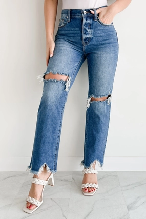 Alexandra Distressed Straight Leg Special A Jeans (Medium Dark) On The Go Durable Triple Stitched Seams