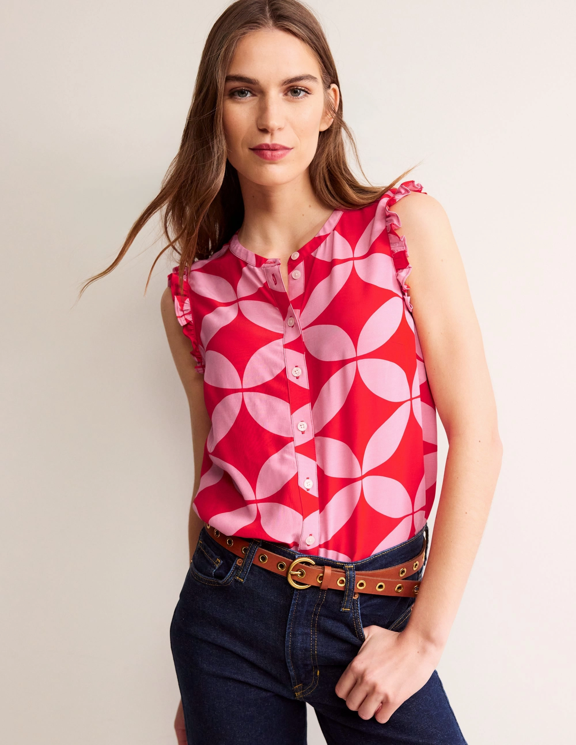 Circular Knit Alicia Button Down Top-Flame Scarlet, Diamond Terrace