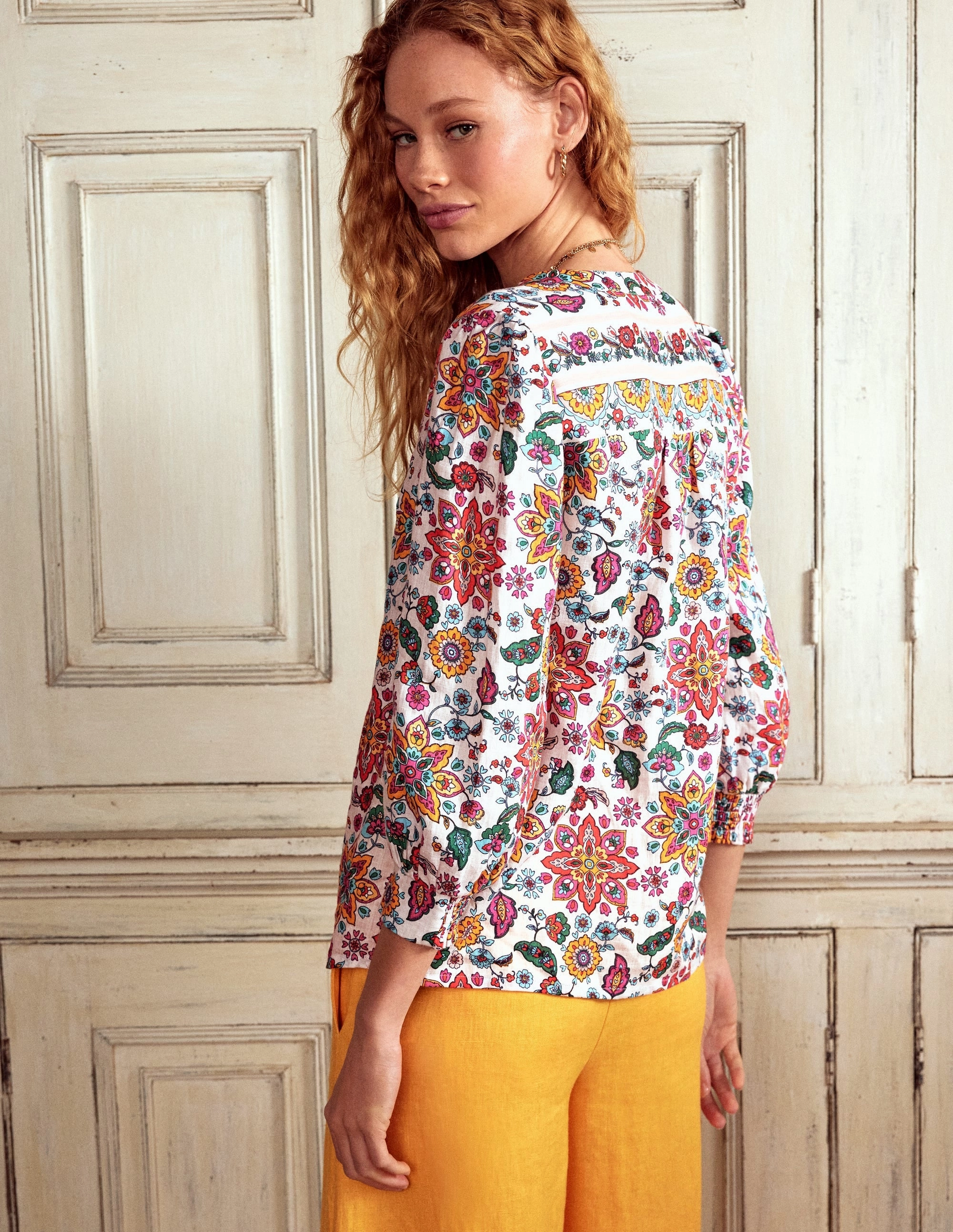 Modern Polo Denim Shirt Alicia Linen Top-Ivory Botanical Sprig