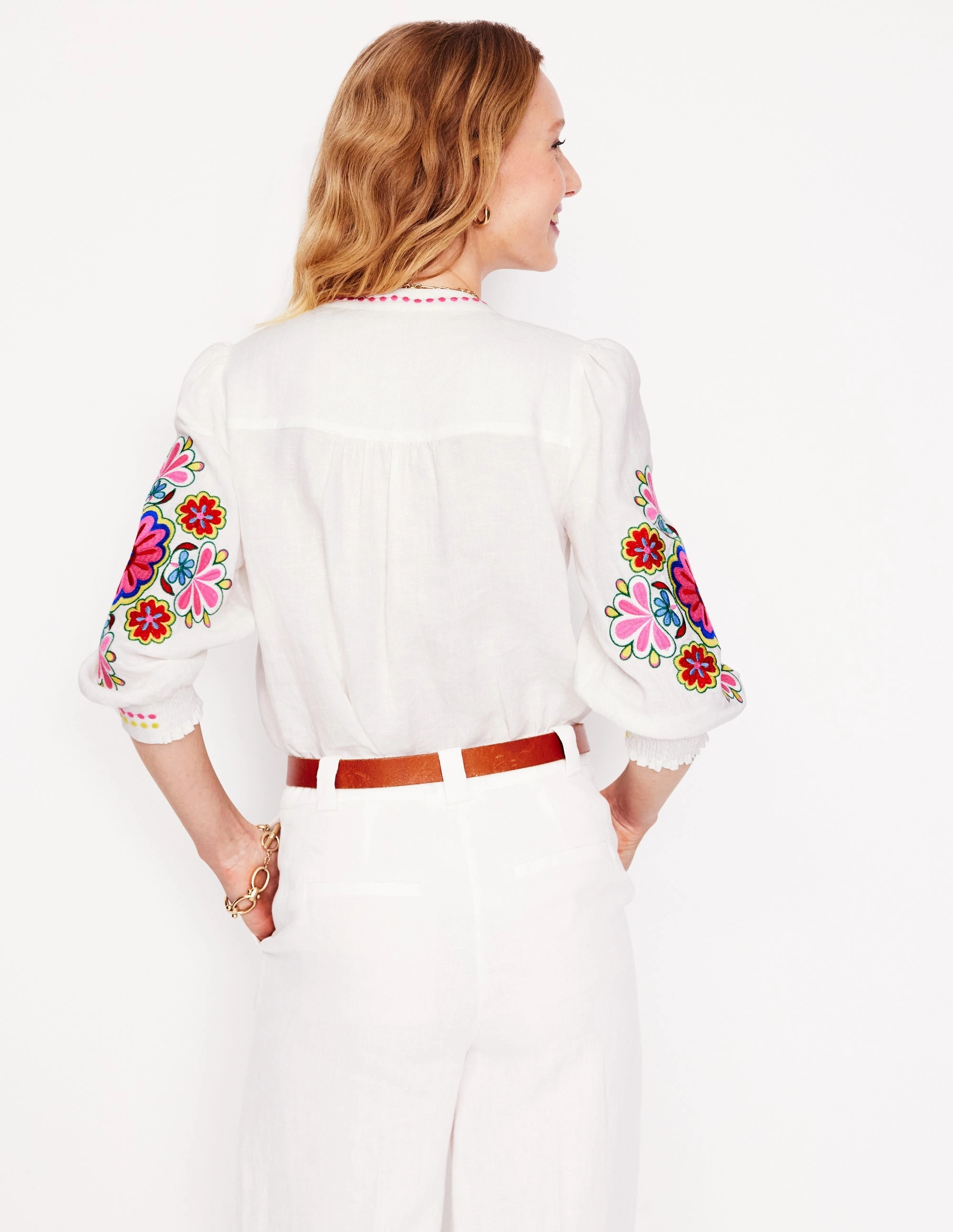Alicia Linen Top-White, Floral Embroidery All-Purpose