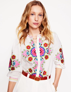Garment Washed Finish NonIrritatingSeams Alicia Linen Top-White, Floral Embroidery