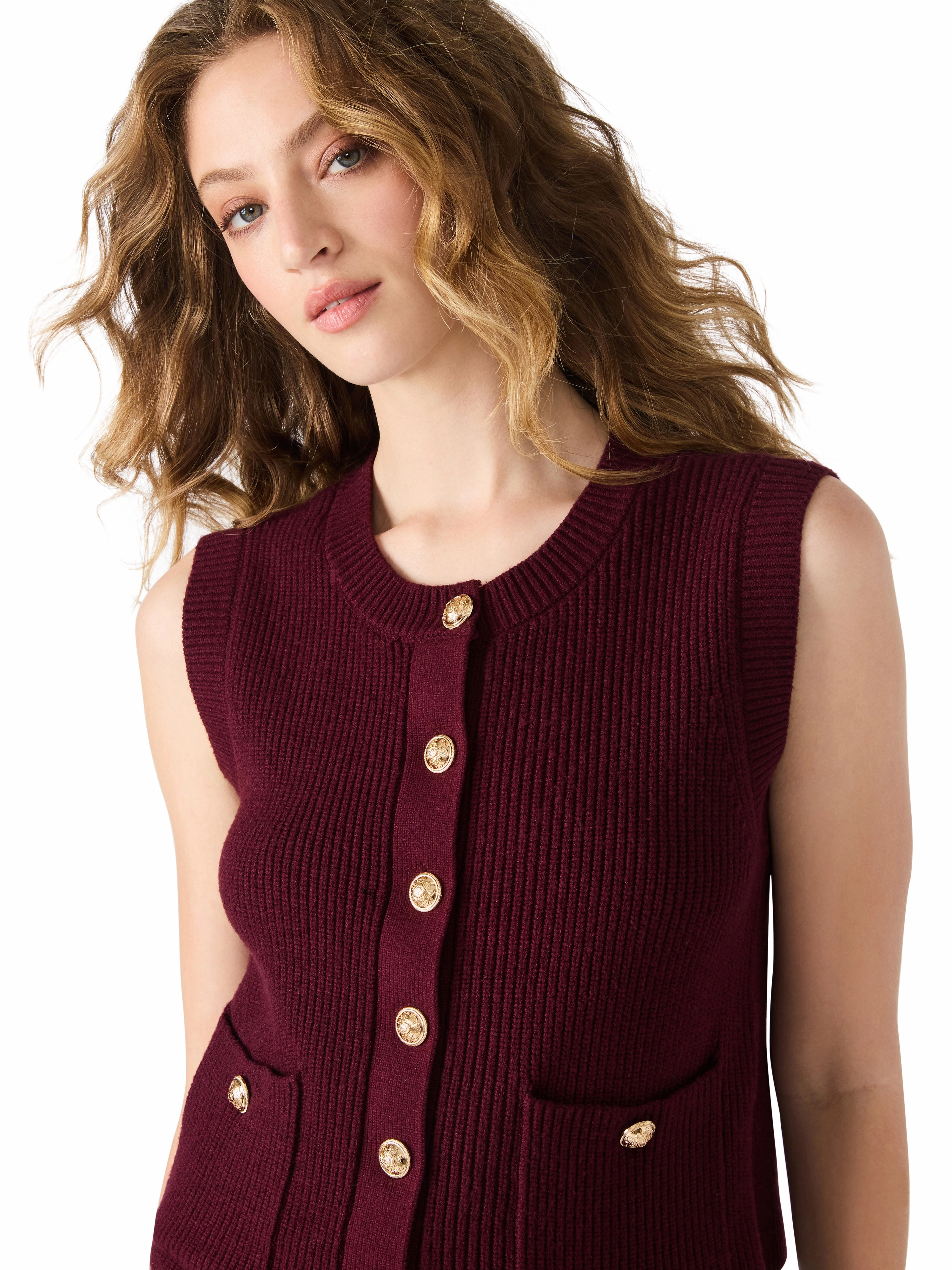 Aliya Sweater Vest in Wine NonChafe Tag Placement