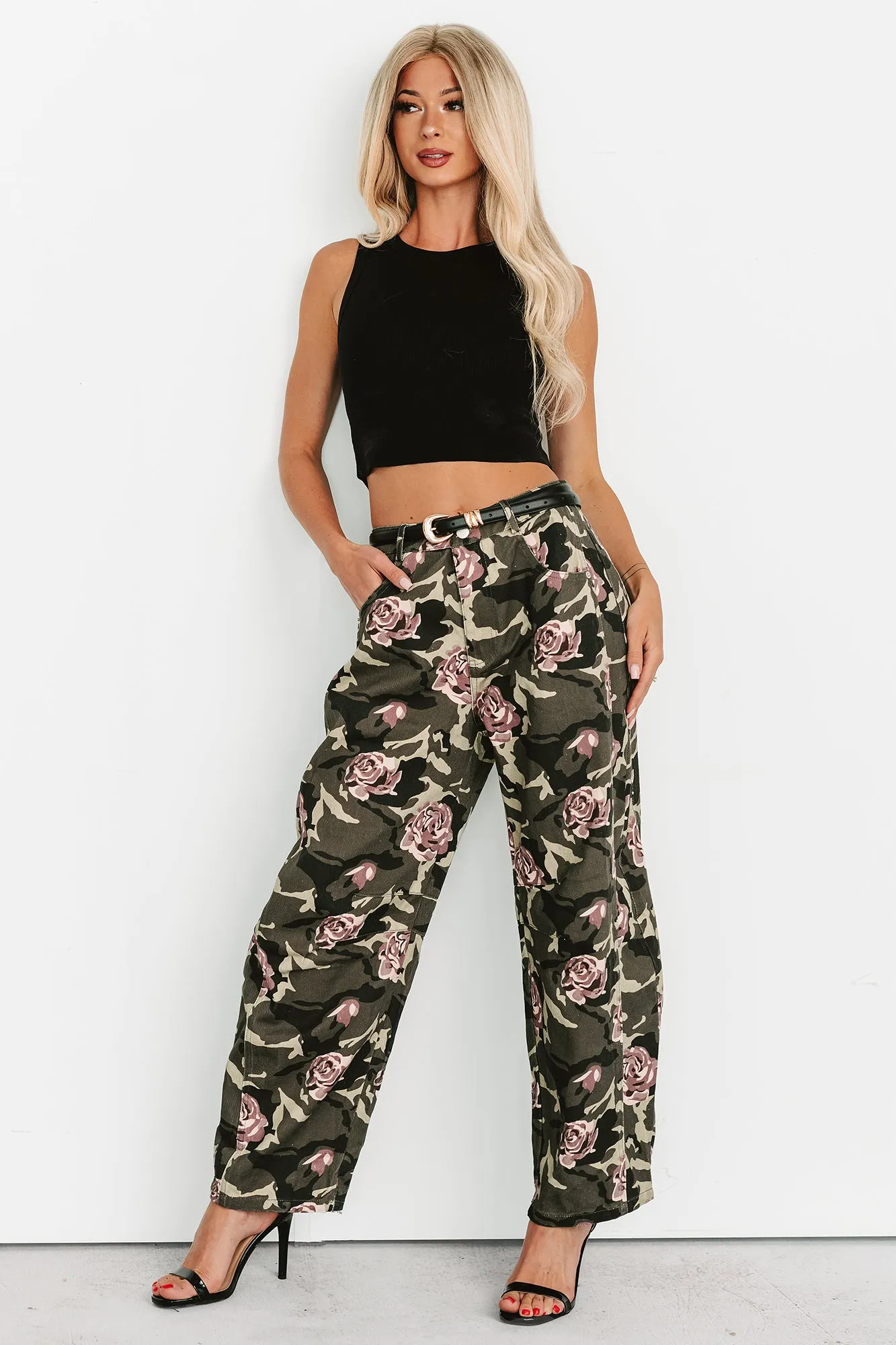 Cover Me In Roses Floral Barrel Jeans (Camo) Active Friendly