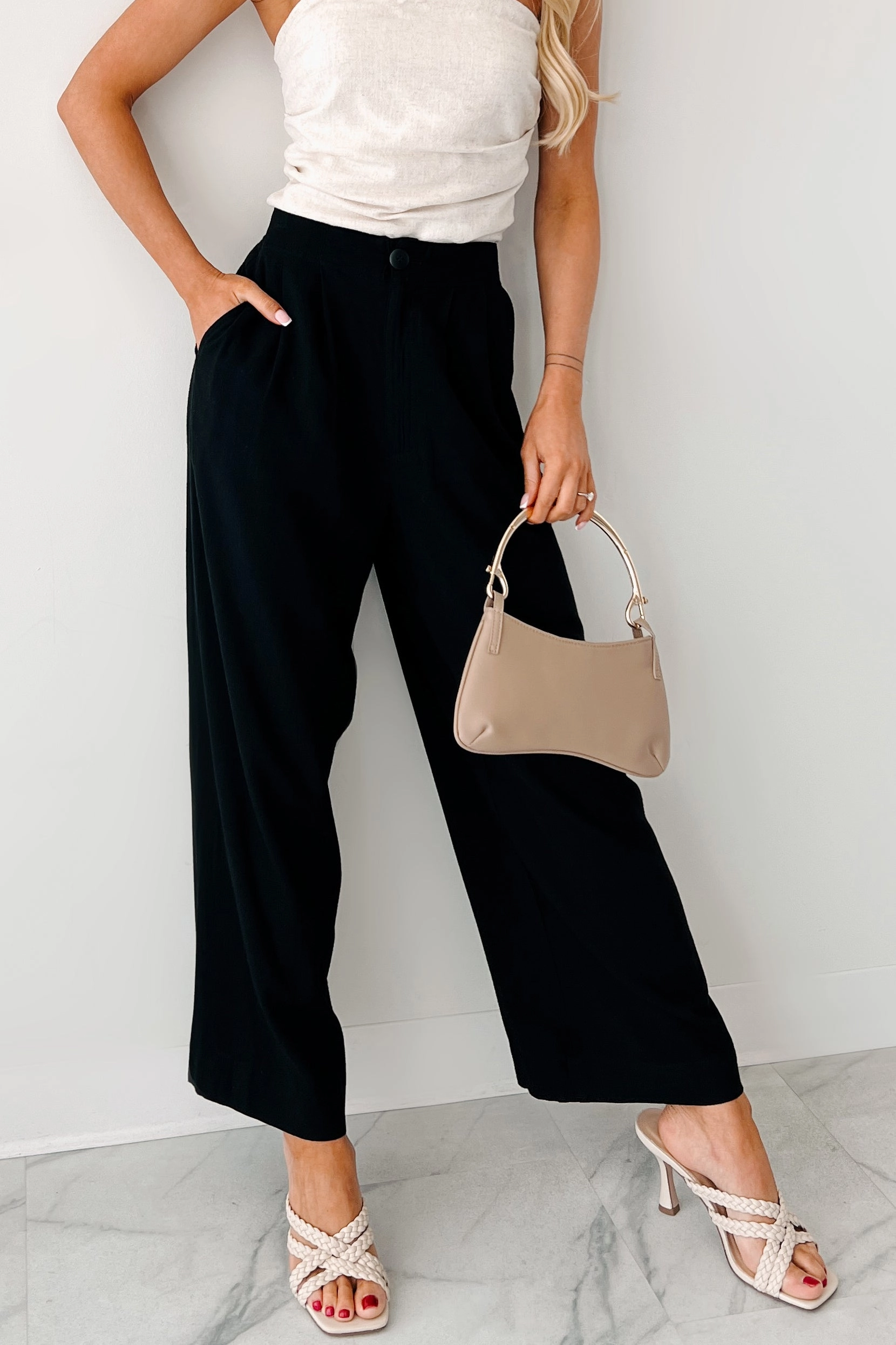 All About Ease High Rise Pleated Linen Pants (Black) Casual Comfort Wear