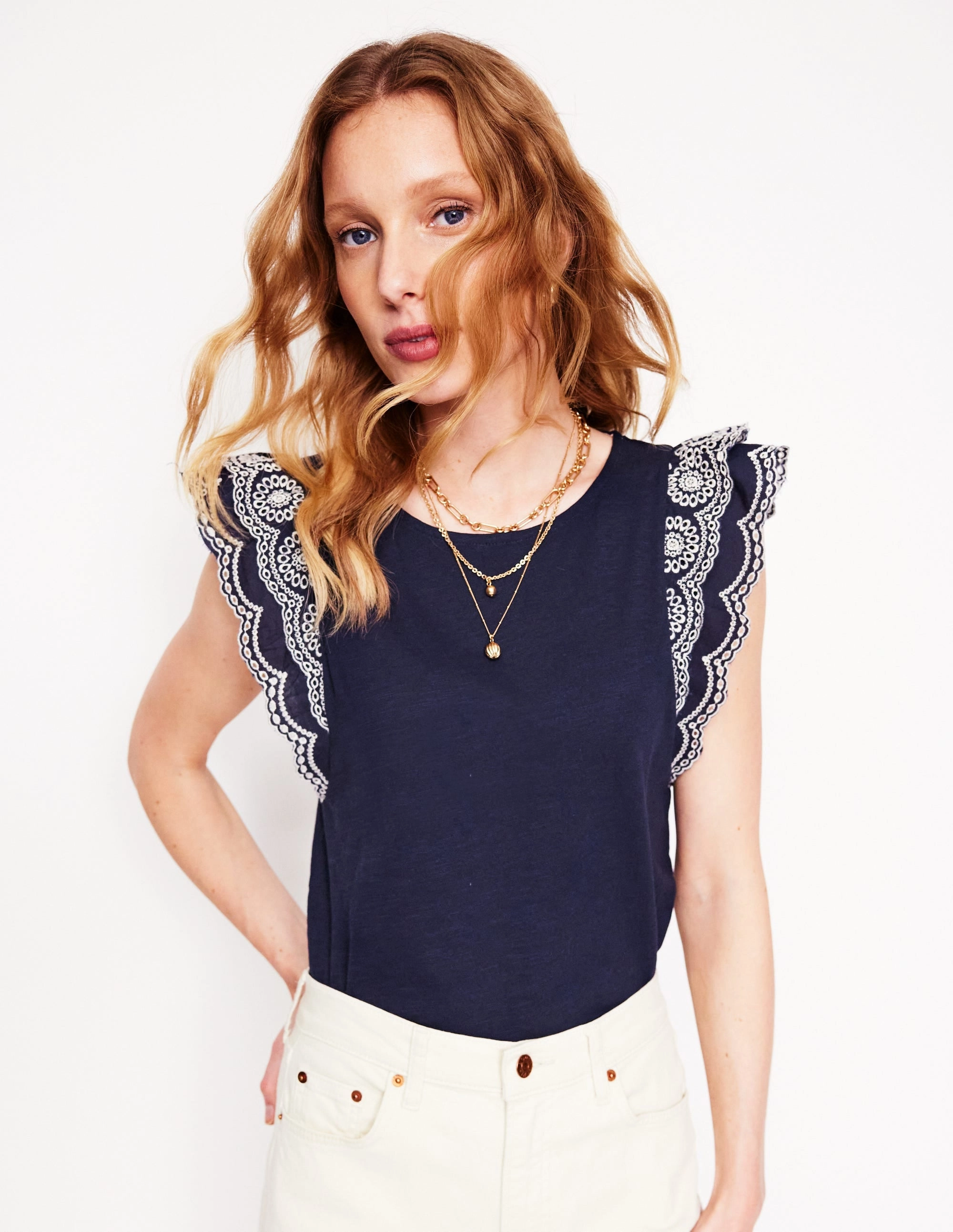 Belle Broderie Sleeve Top-Navy standard fit