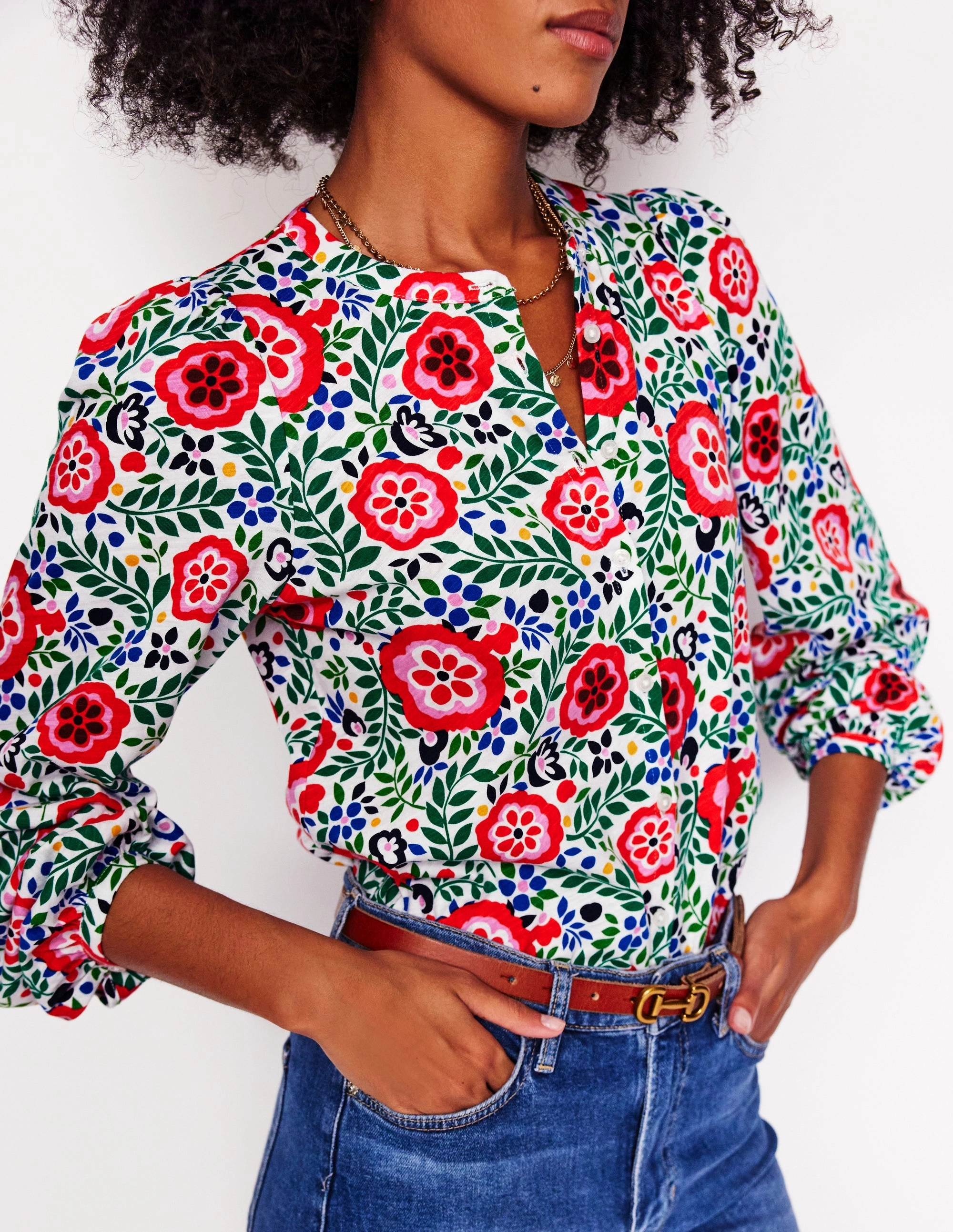 AdjustableHemCuffs Marina Jersey Shirt-Multi, Foliage Scatter