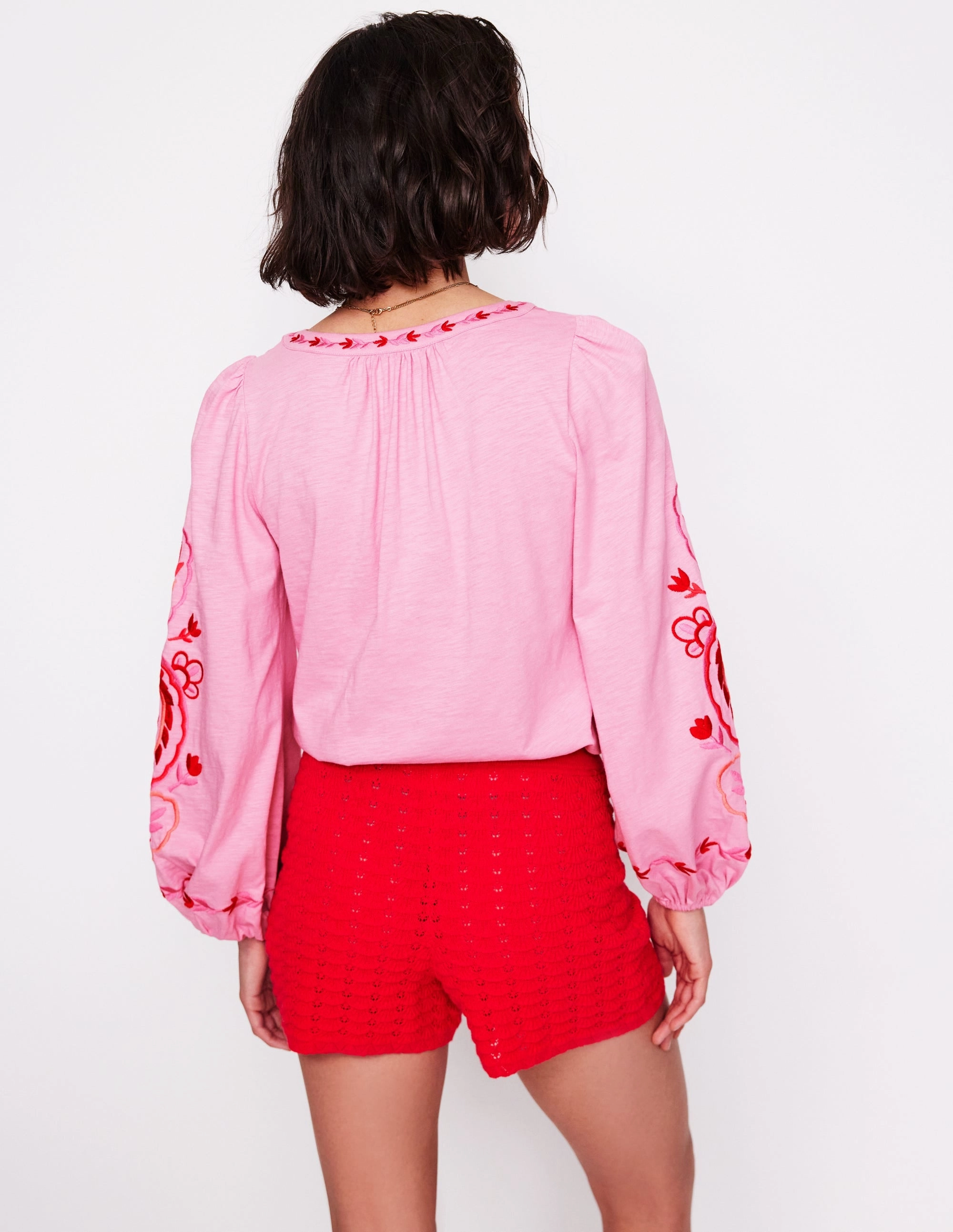 Layered Panel Design Bonded Seam Technique Nia Embroidered Top-Formica Pink