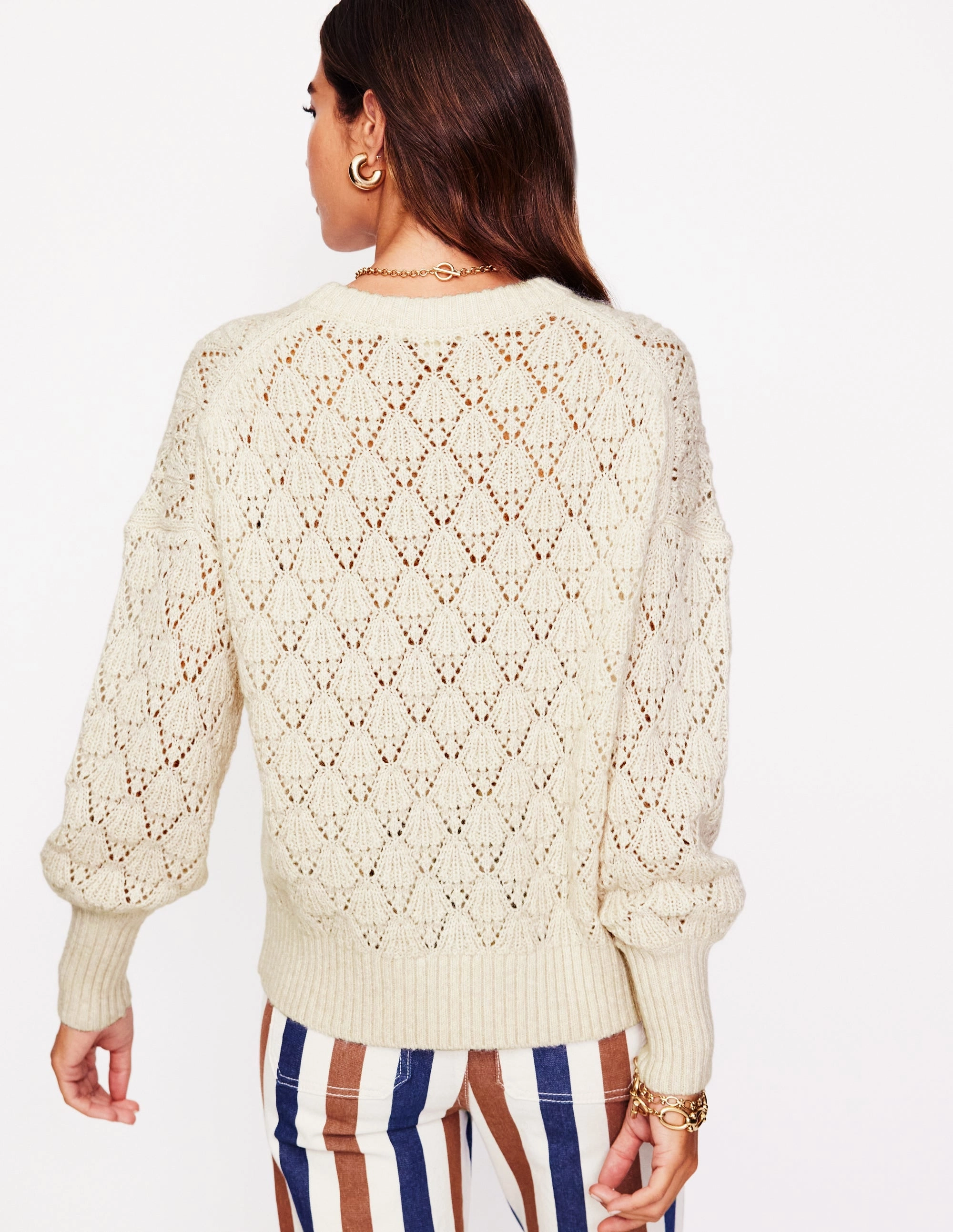 Chunky Pointelle Jumper-Warm Ivory Flatlock Seam Construction LowMaintenance Care