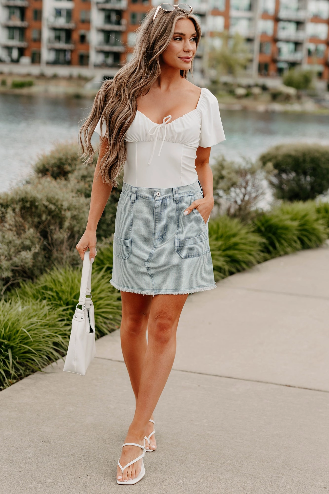 Self Fabric Tie Closure Garment Dyed Finish Pretty Priority Striped Denim Mini Skirt (Light)