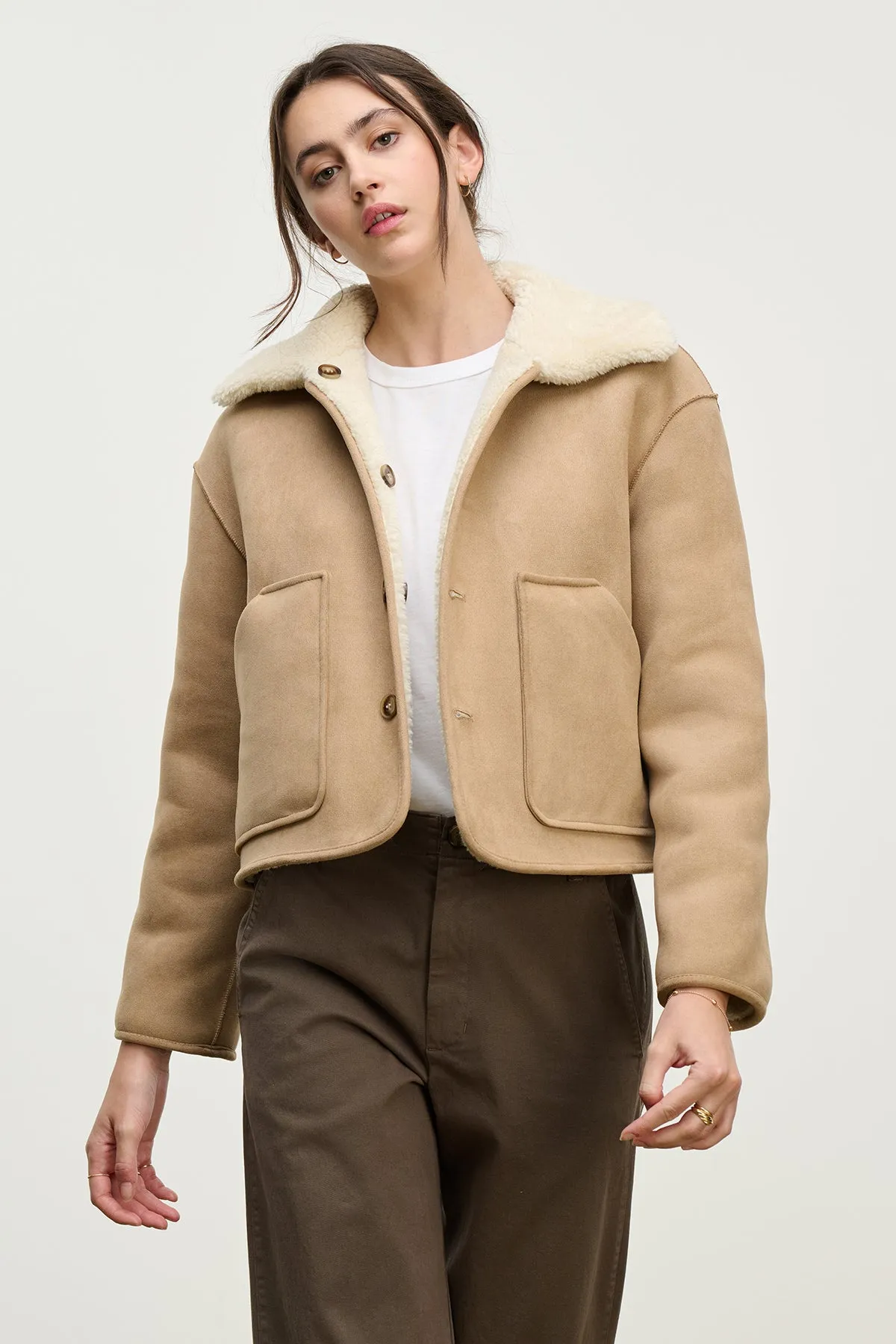 Easy Care Fabric Amara Reversible Sherpa Jacket in Sand