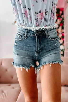 Amara High Rise Frayed Hem Risen Shorts (Medium) Tubular Body Construction