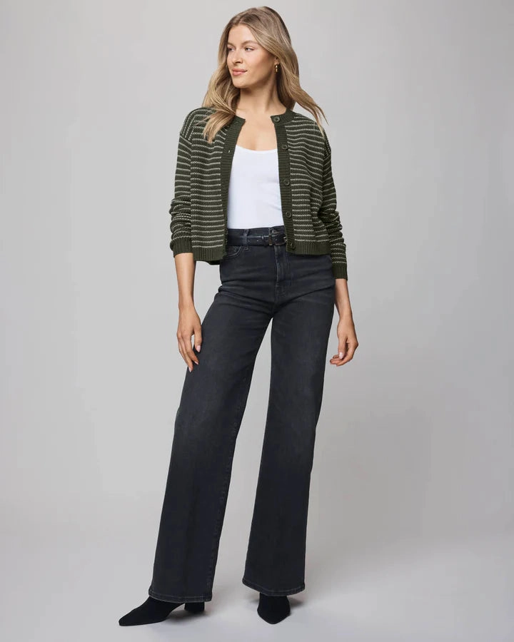 Amber Stripe Crop Cardigan in Green Spruce/Pale Oak Contrast Stitch Accent Ultra Soft Handfeel