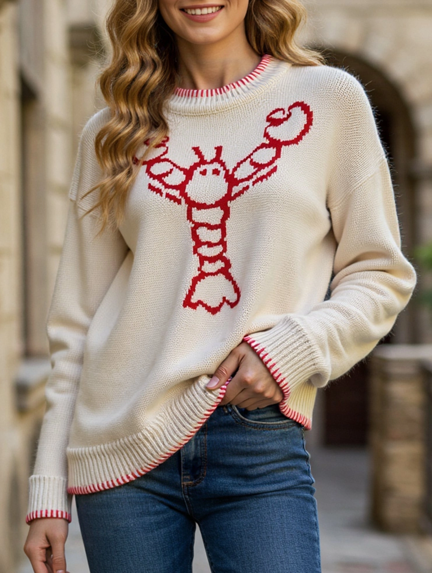 Animal pattern round neck pullover sweater PocketDetails