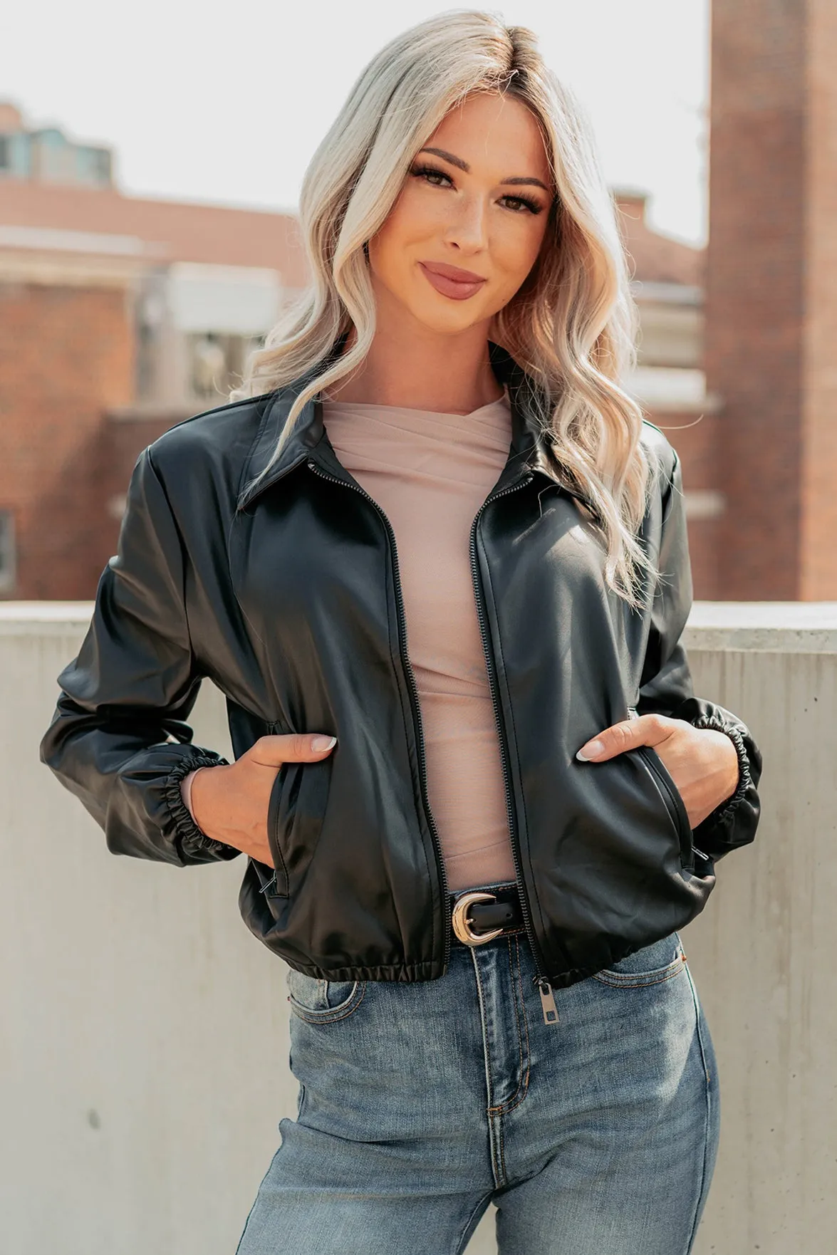 Fearless Moves Faux Leather Zip-Up Jacket (Black) Workplace Use Protective Outerwear