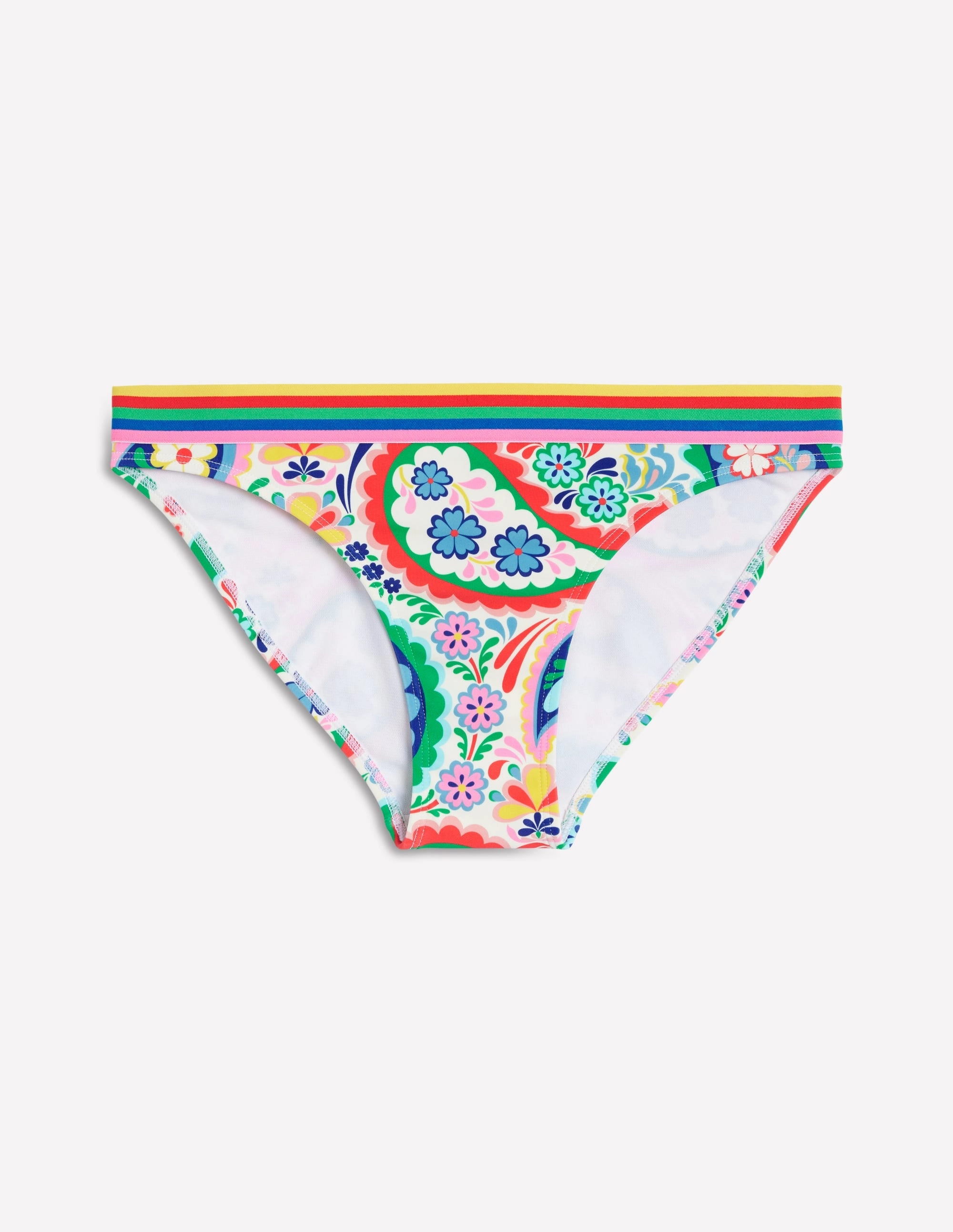 Stripe Trim Bikini Bottoms-Multi, Meadow Paisley Seamless-Construction Tummy Control Panel