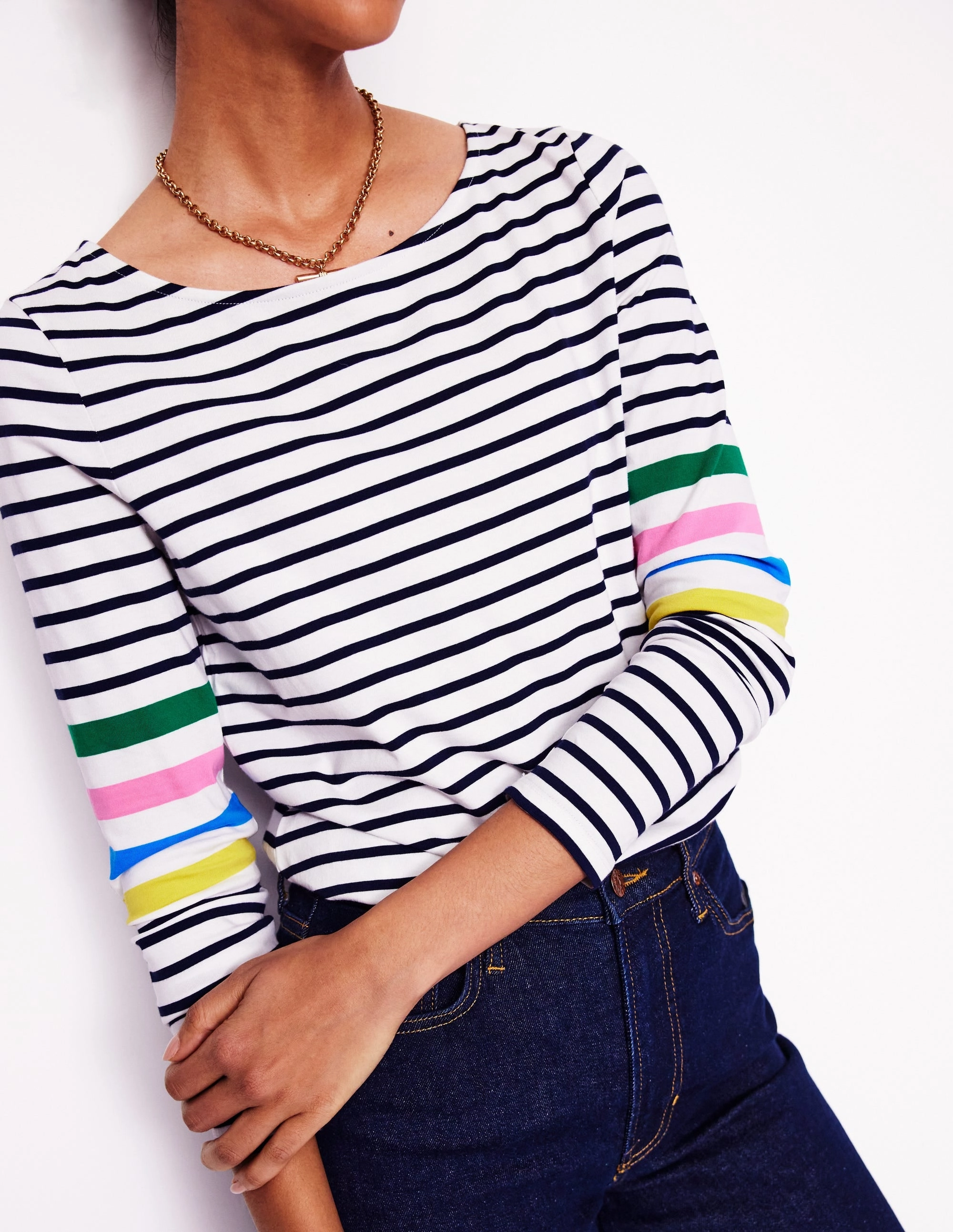 Raglan Sleeve RawEdgedDesign Ella Long Sleeve Breton-Ivory Multi Arm Placement