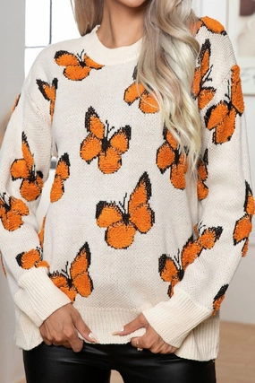 StretchFabric WOMEN BUTTERFLY JACQUARD LOOSE KNIT SWEATER