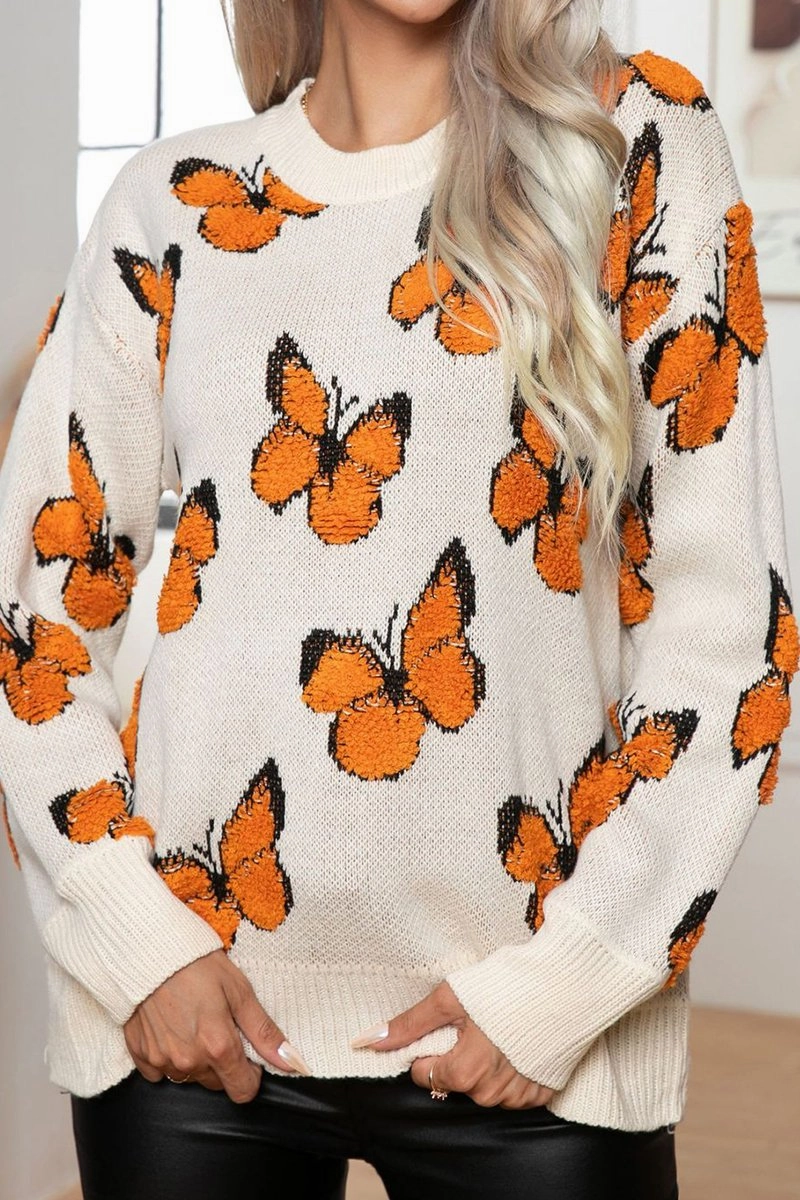 WOMEN BUTTERFLY JACQUARD LOOSE KNIT SWEATER Cozy Fit FlexibleElasticatedEdging