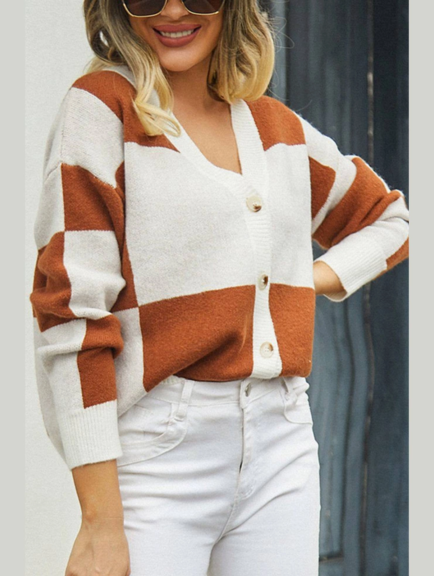 QuickDry Performance RibbedTexture WOMEN PLAID COLOR BLOCK BUTTON UP CARDIGAN