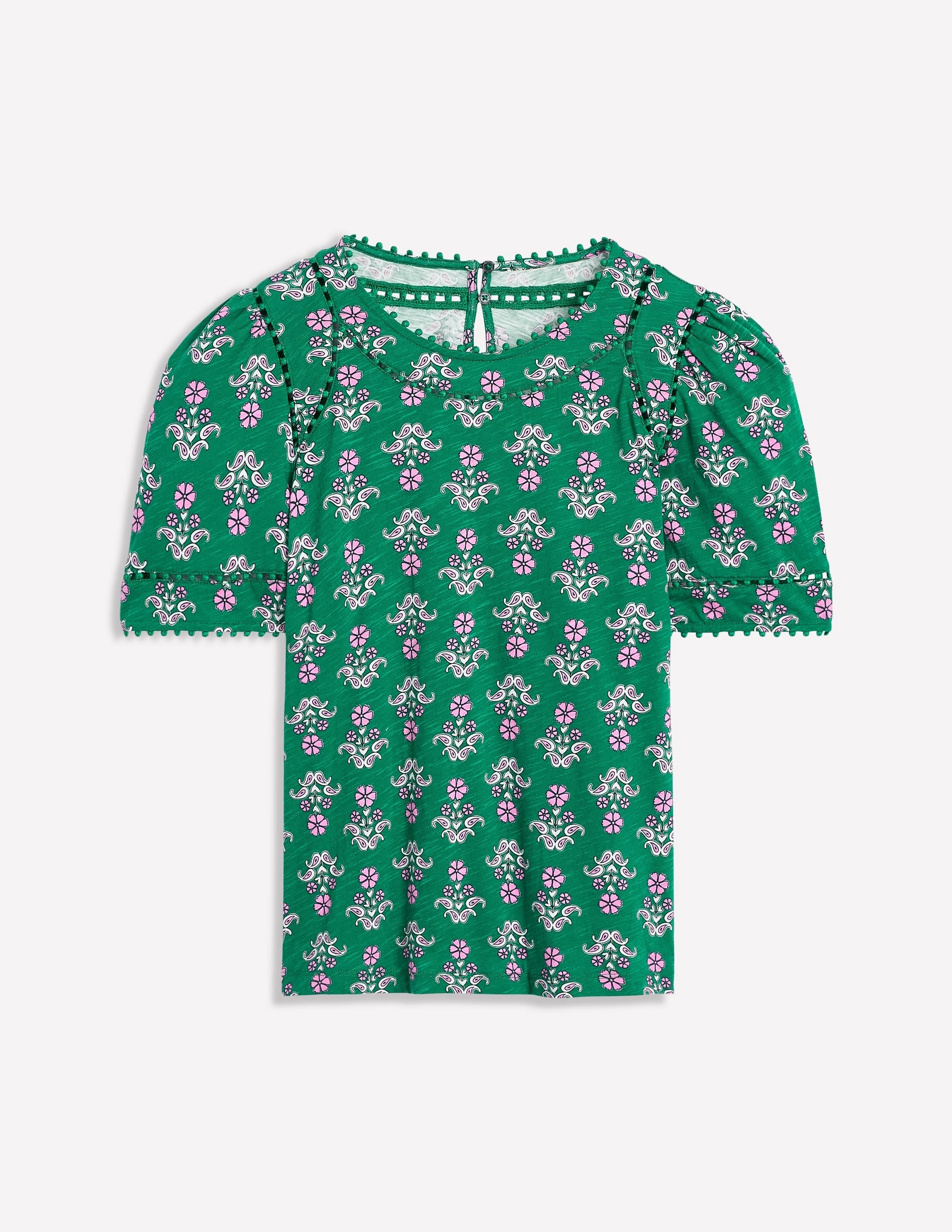 WrinkleResistantTextile Mila Trim Detail Top-Forest Grass, Pansy Stamp