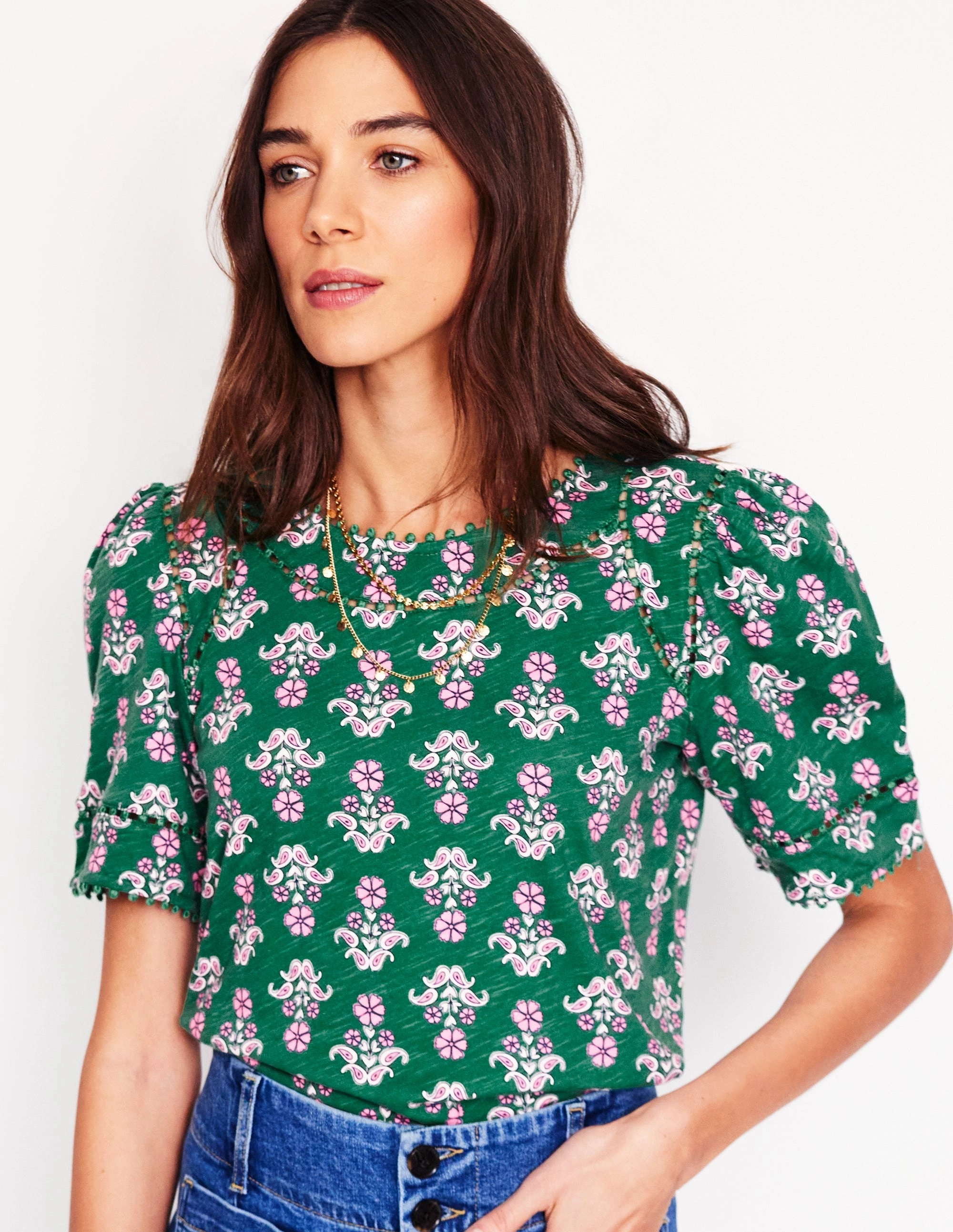 Mila Trim Detail Top-Forest Grass, Pansy Stamp Sustainable Textile