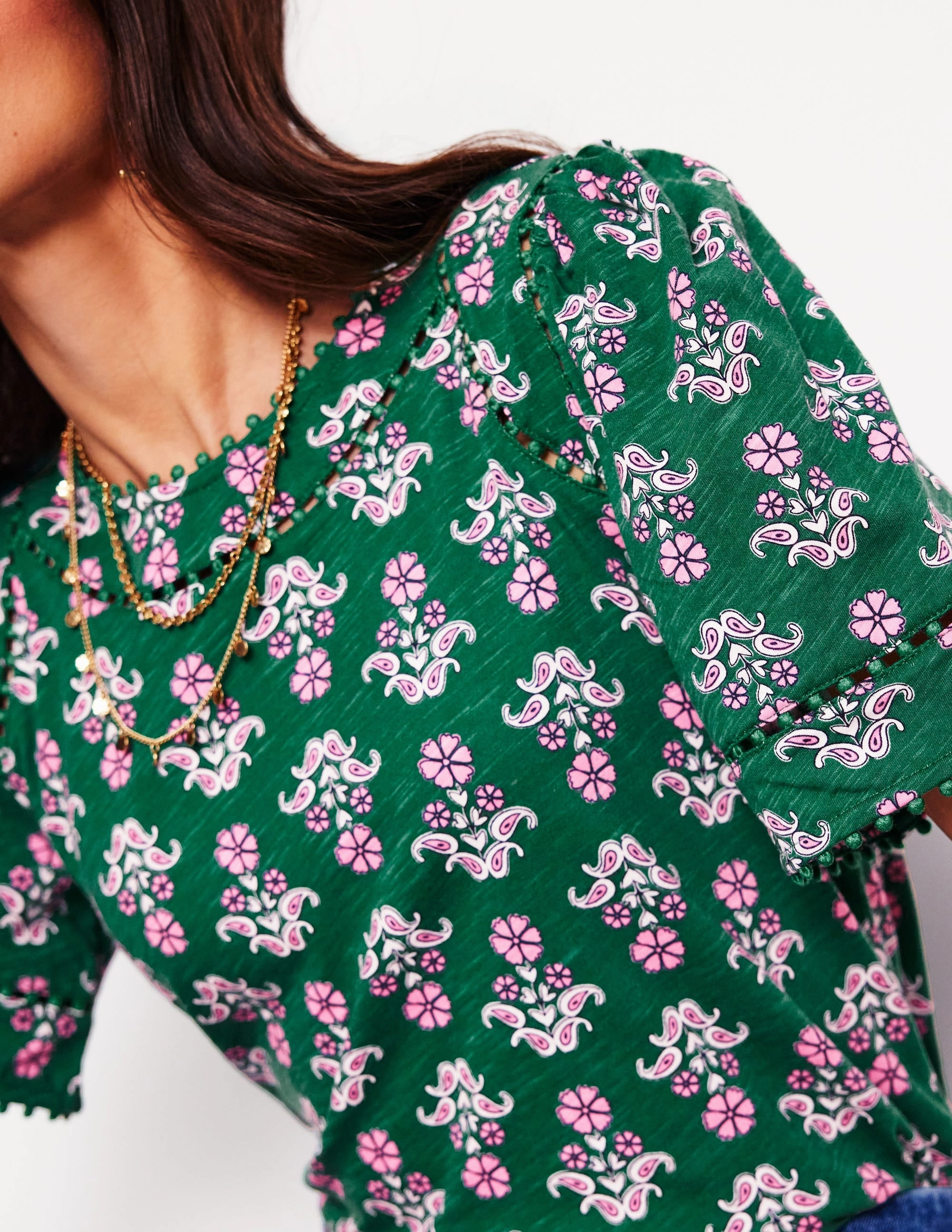 Layered Placket Design Mila Trim Detail Top-Forest Grass, Pansy Stamp