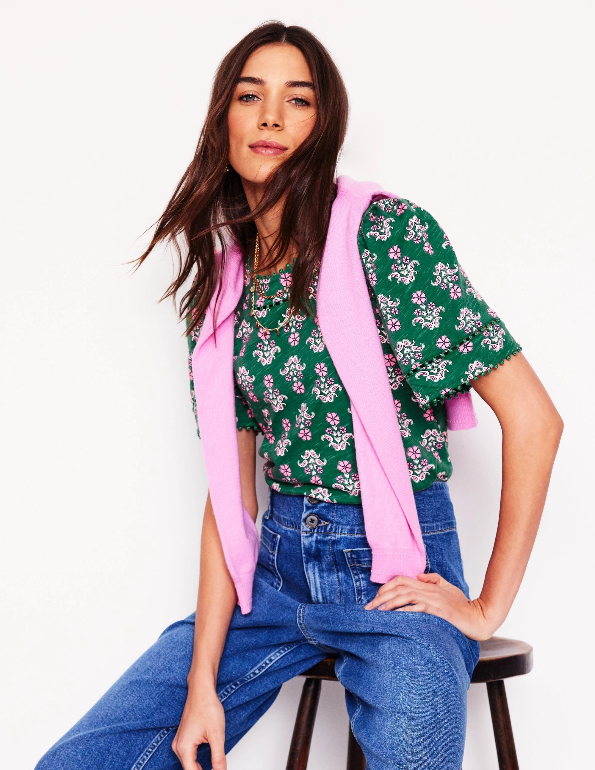 Curved Hem Multipanel Construction Mila Trim Detail Top-Forest Grass, Pansy Stamp