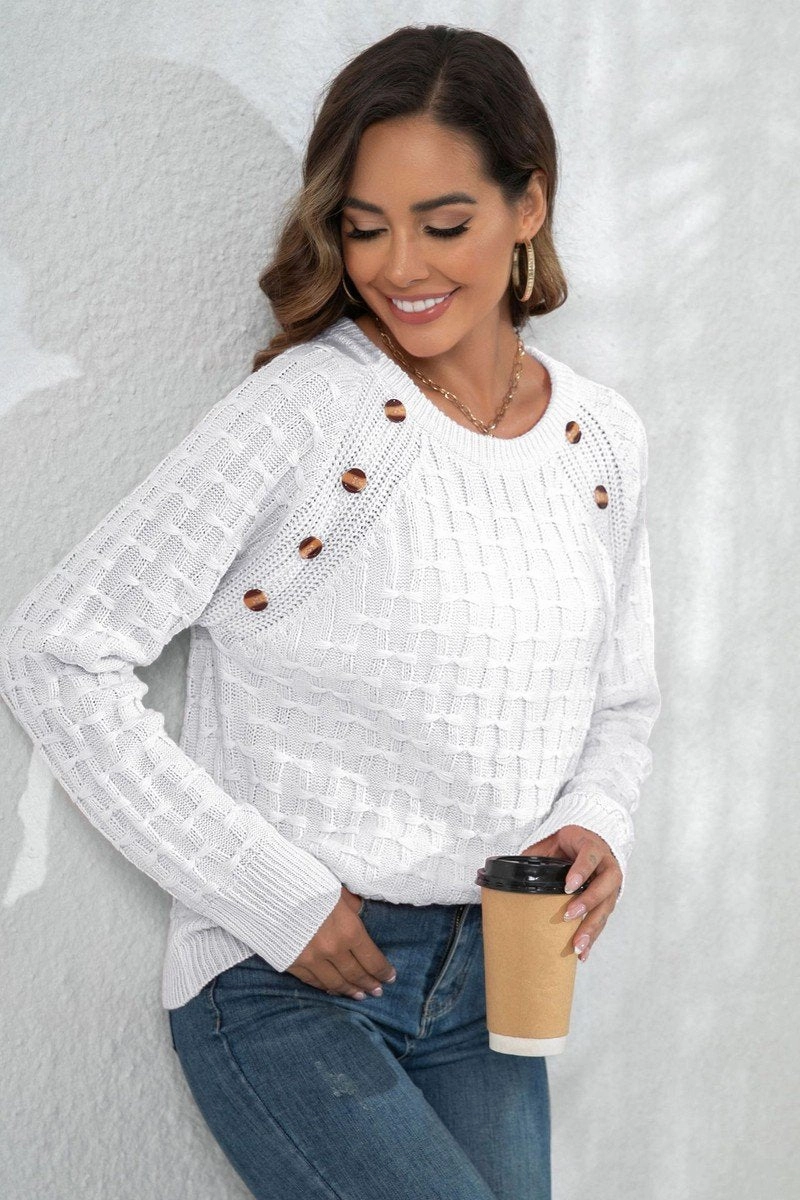 Multi Pocket Functional Design WOMEN WAFFLE LONG SLEEVE BUTTON PULLOVER SWEATER