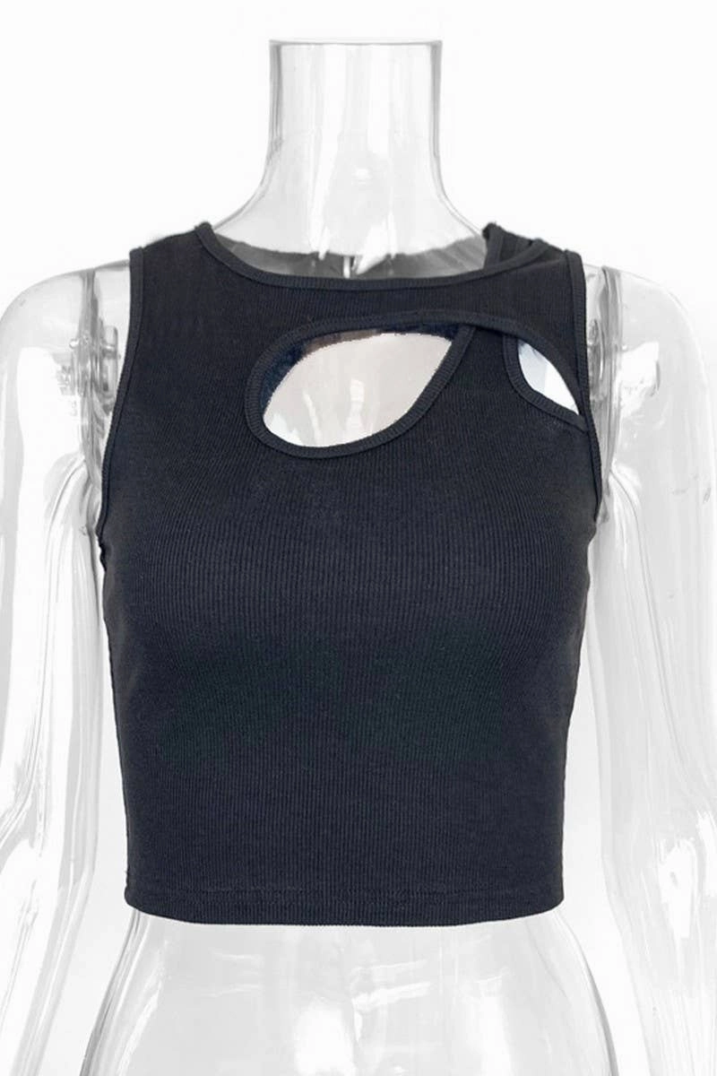 CHEST HOLLOW OUT SEXY SLIM SHORT TANKTOP_CWTTK0308 High Neckline