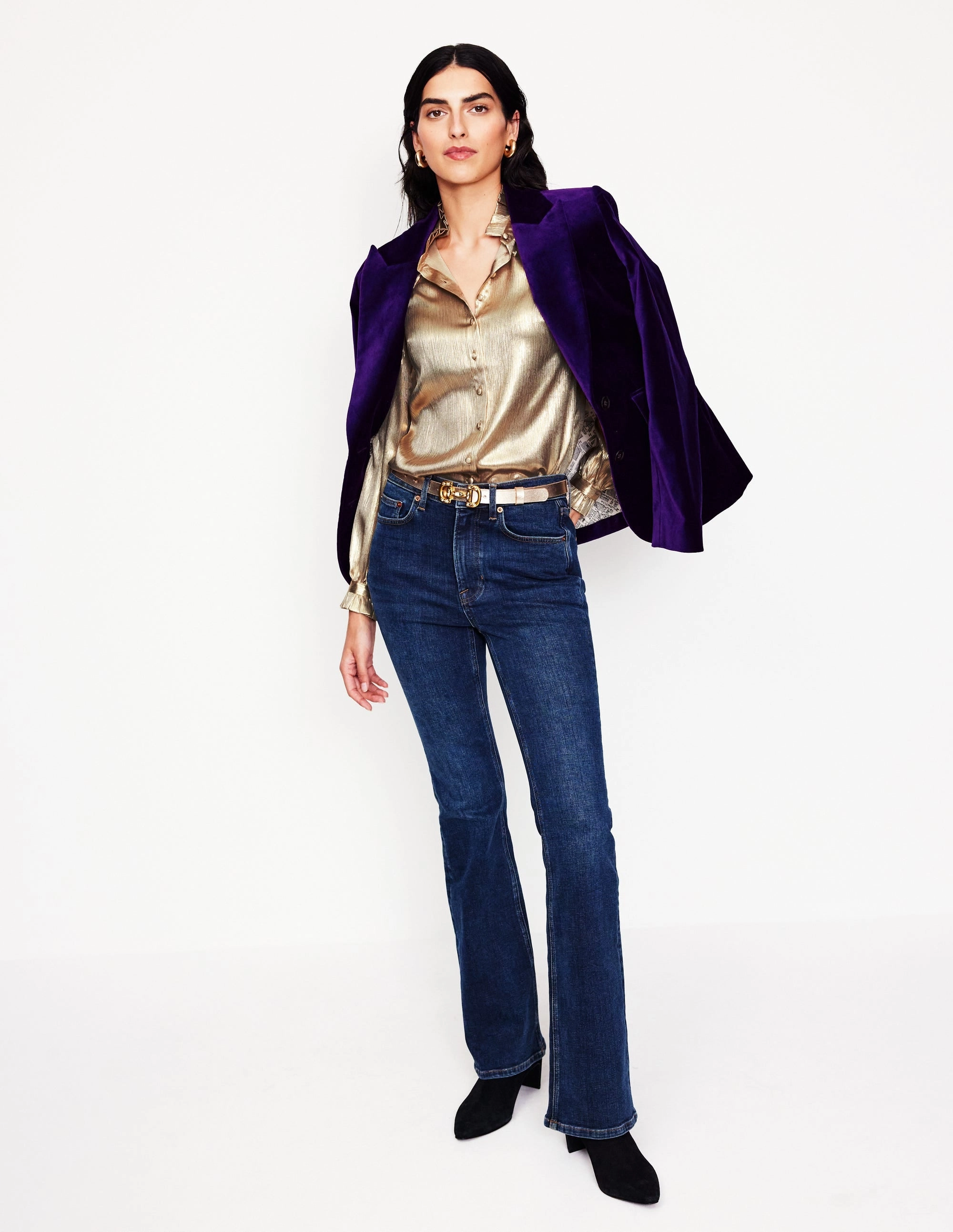 Ruffle Collar Party Blouse-Gold Double Stitched Hem RollUpCuff