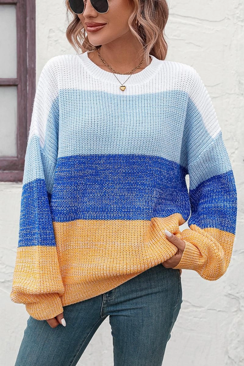 WOMEN RIBBED CREW NECK COLOR BLOCK SWEATER Sporty Tee