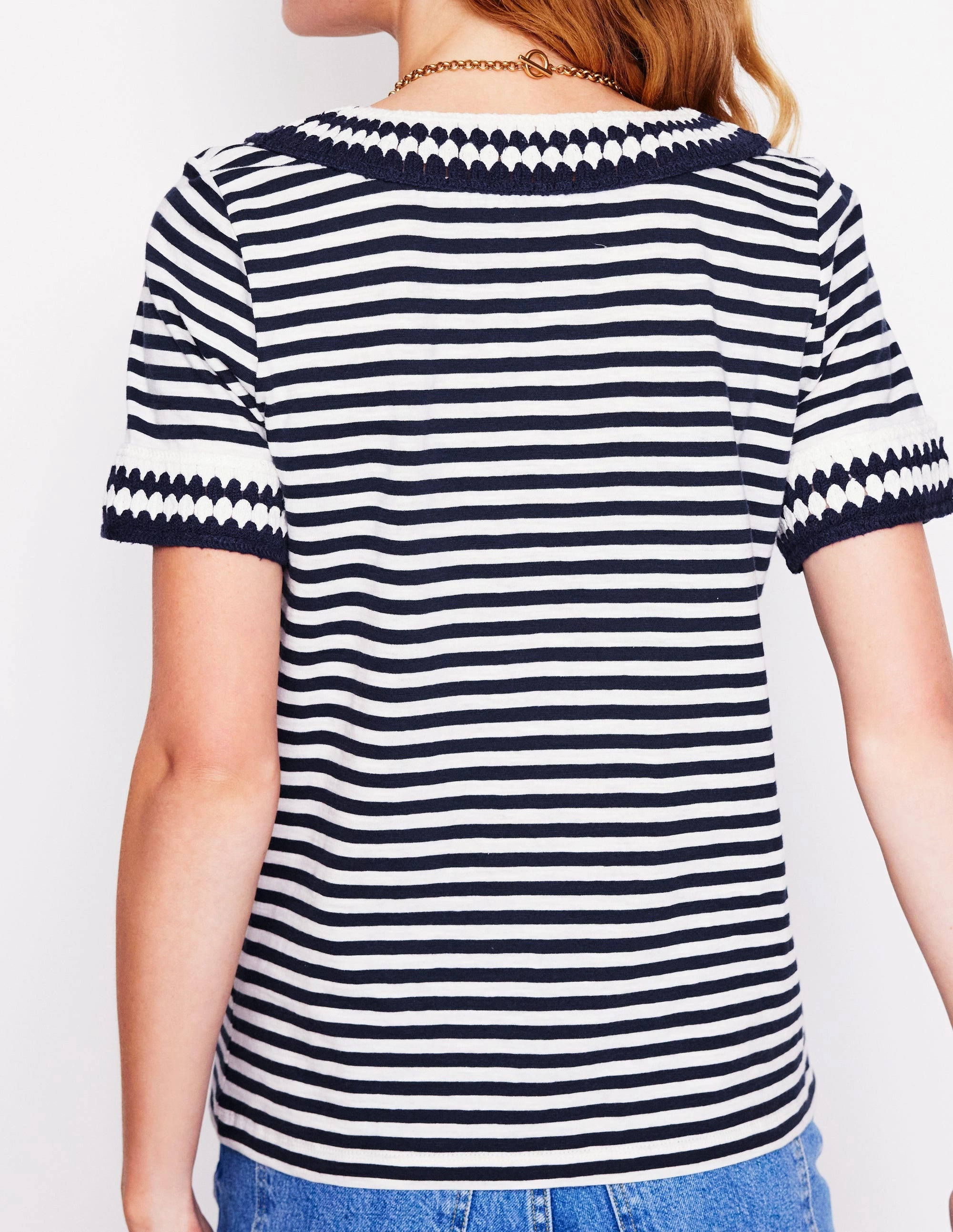 Casual Pullover Fae Crochet T-shirt-Ivory, Navy