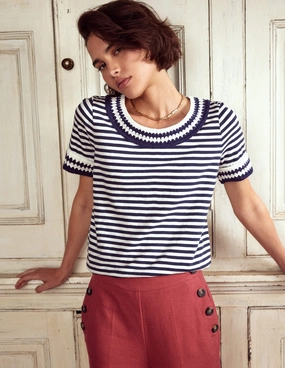 Flexible Knit Blend Flexible Design Fae Crochet T-shirt-Ivory, Navy