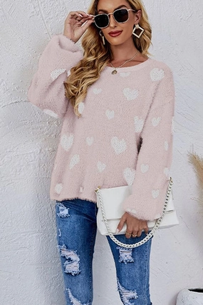 WOMEN OVERSIZED HEART PRINTING CUTE KNIT SWEATER CroppedLength TaglessLabel